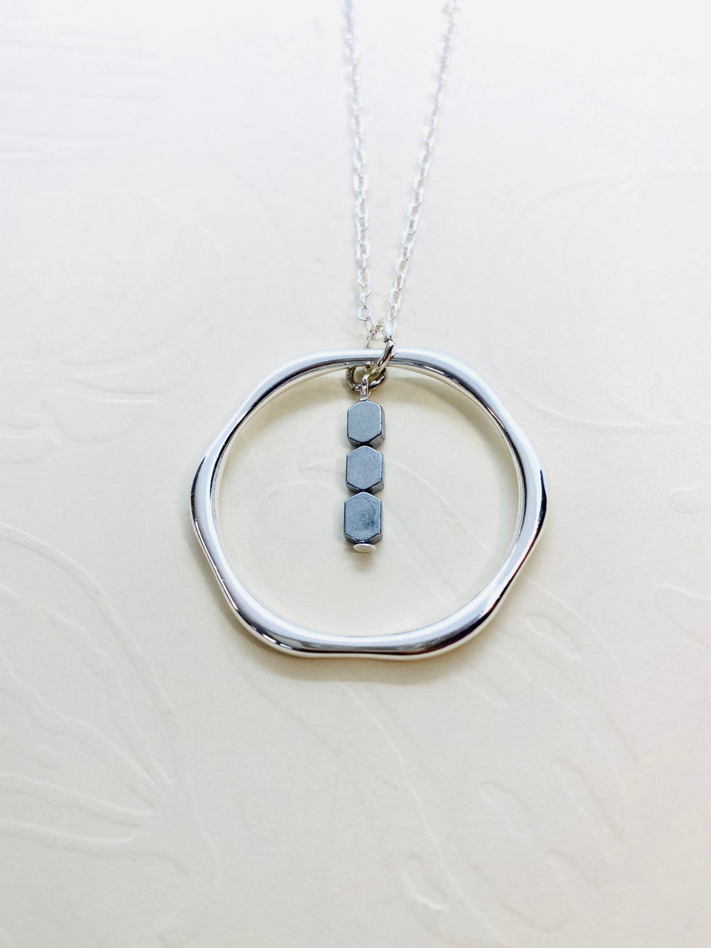Silver Hexagon Pendant Necklace with Hematite Beads, 30 Inch Chain