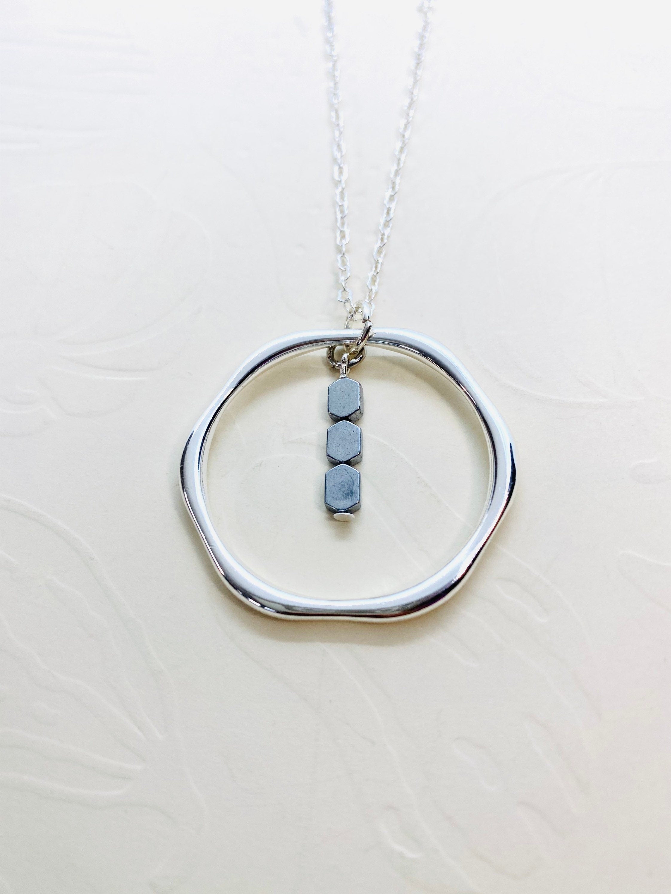Silver Hexagon Pendant Necklace with Hematite Beads, 30 Inch Chain