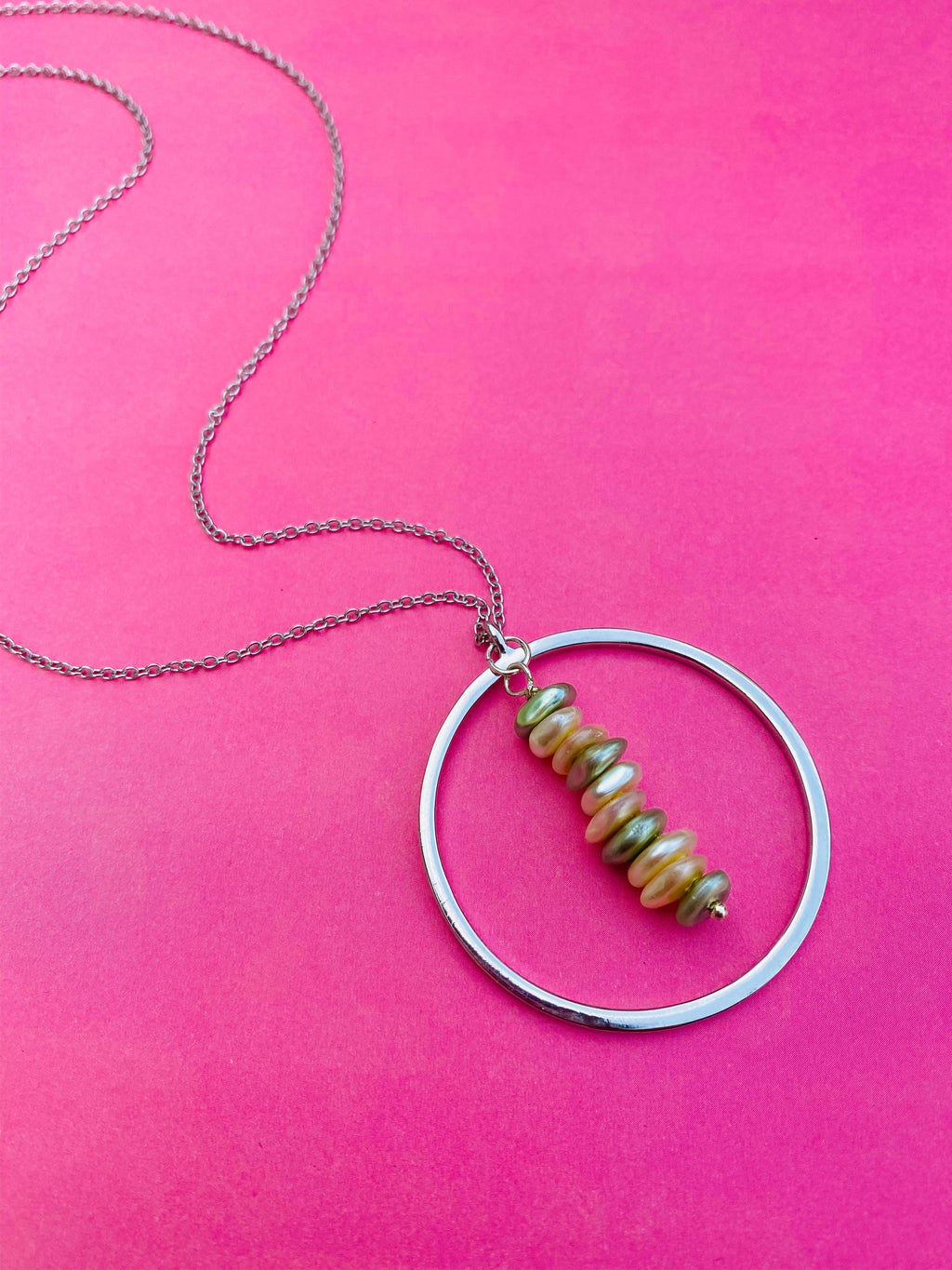 Cream Sage Pearl Necklace, Silver Circular Pendant, 30 inch Chain