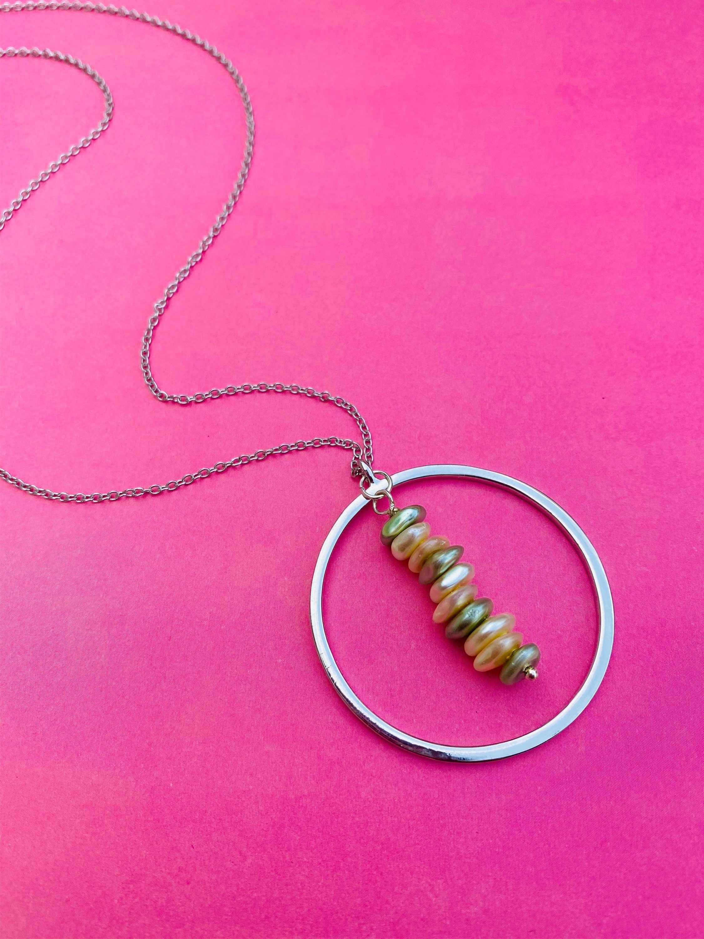 Cream Sage Pearl Necklace, Silver Circular Pendant, 30 inch Chain