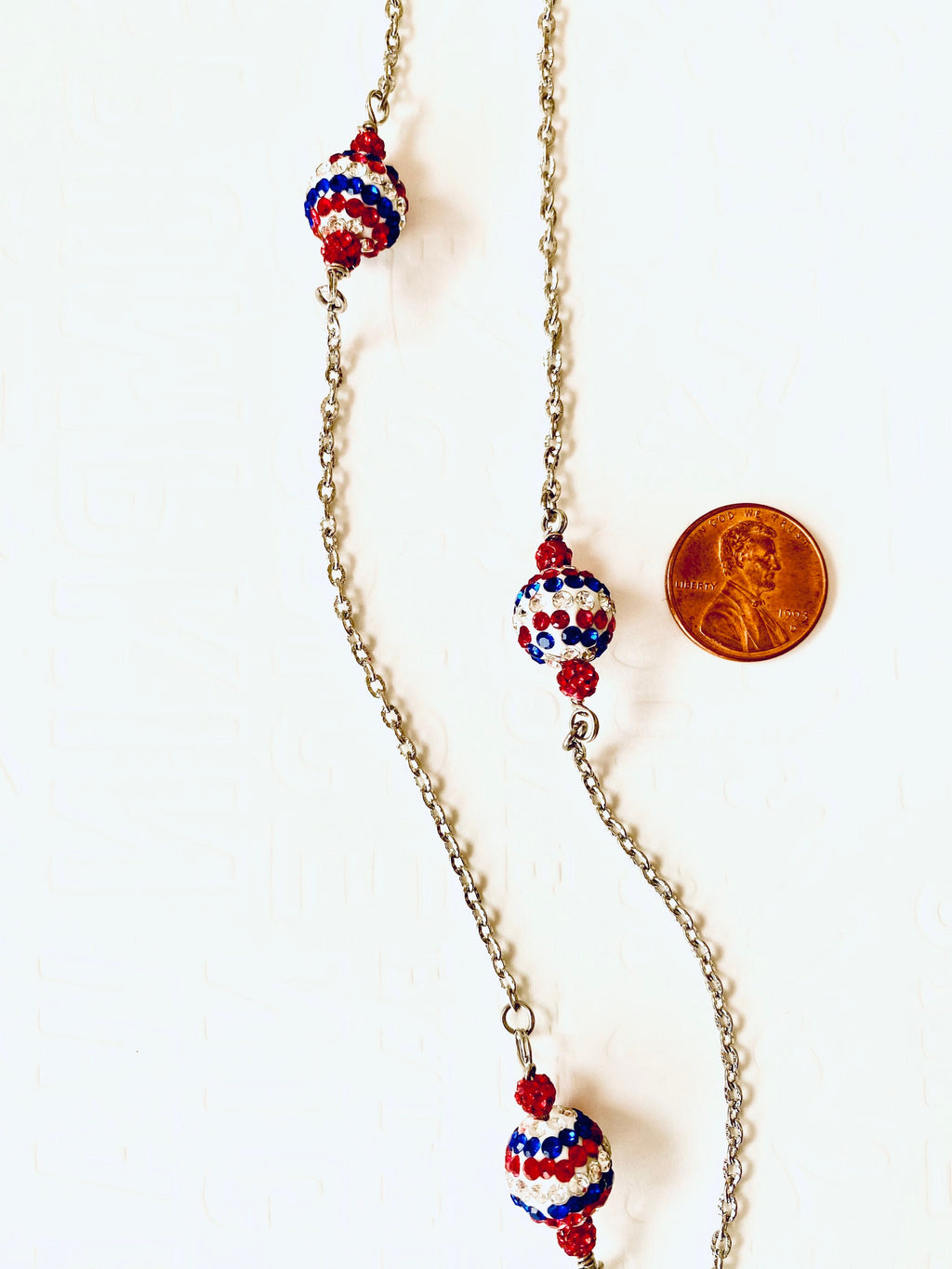 Handmade 4th of July Rhinestone Necklace, Red White and Blue Silver Chain