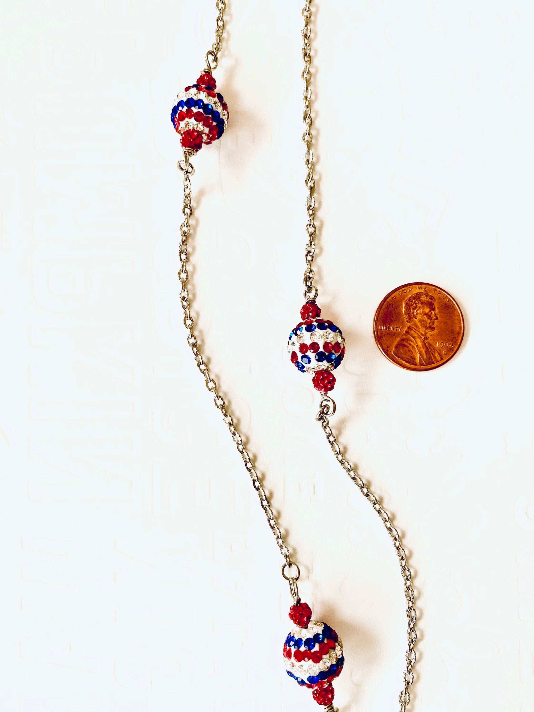 Handmade 4th of July Rhinestone Necklace, Red White and Blue Silver Chain