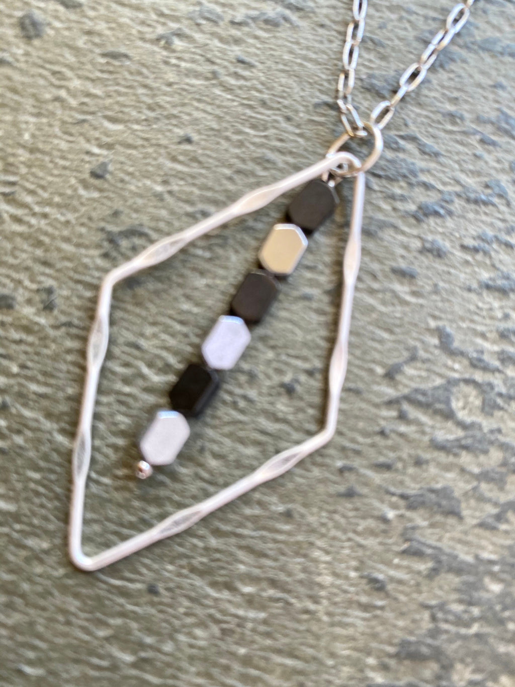 Dainty Silver Diamond Necklace, Black Hematite Beads, Two Tone