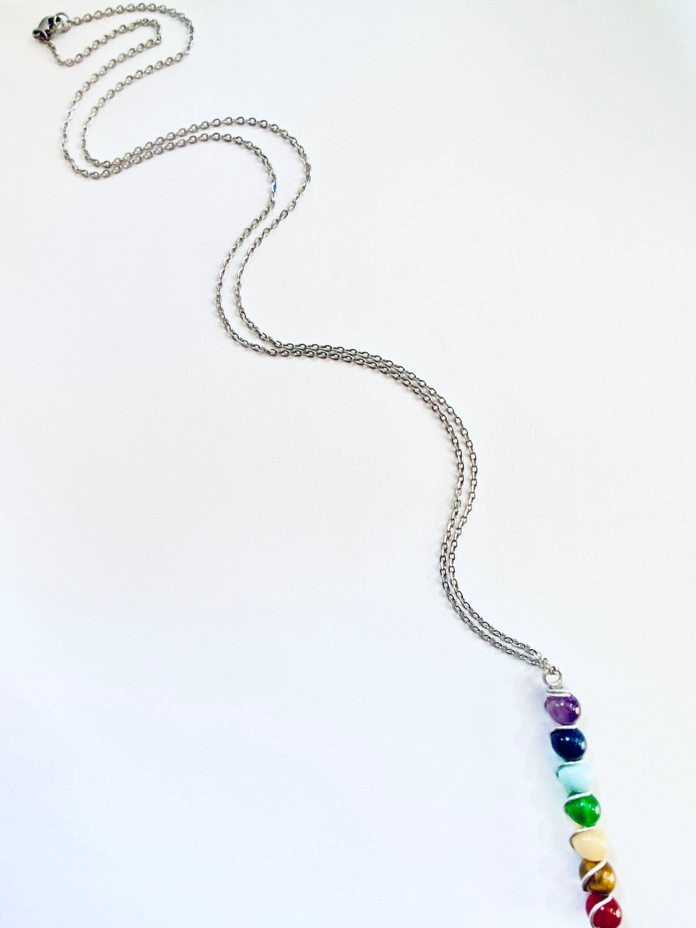 7 Chakra Gemstone Necklace, Spiritual Balance, Silver Plated Chain