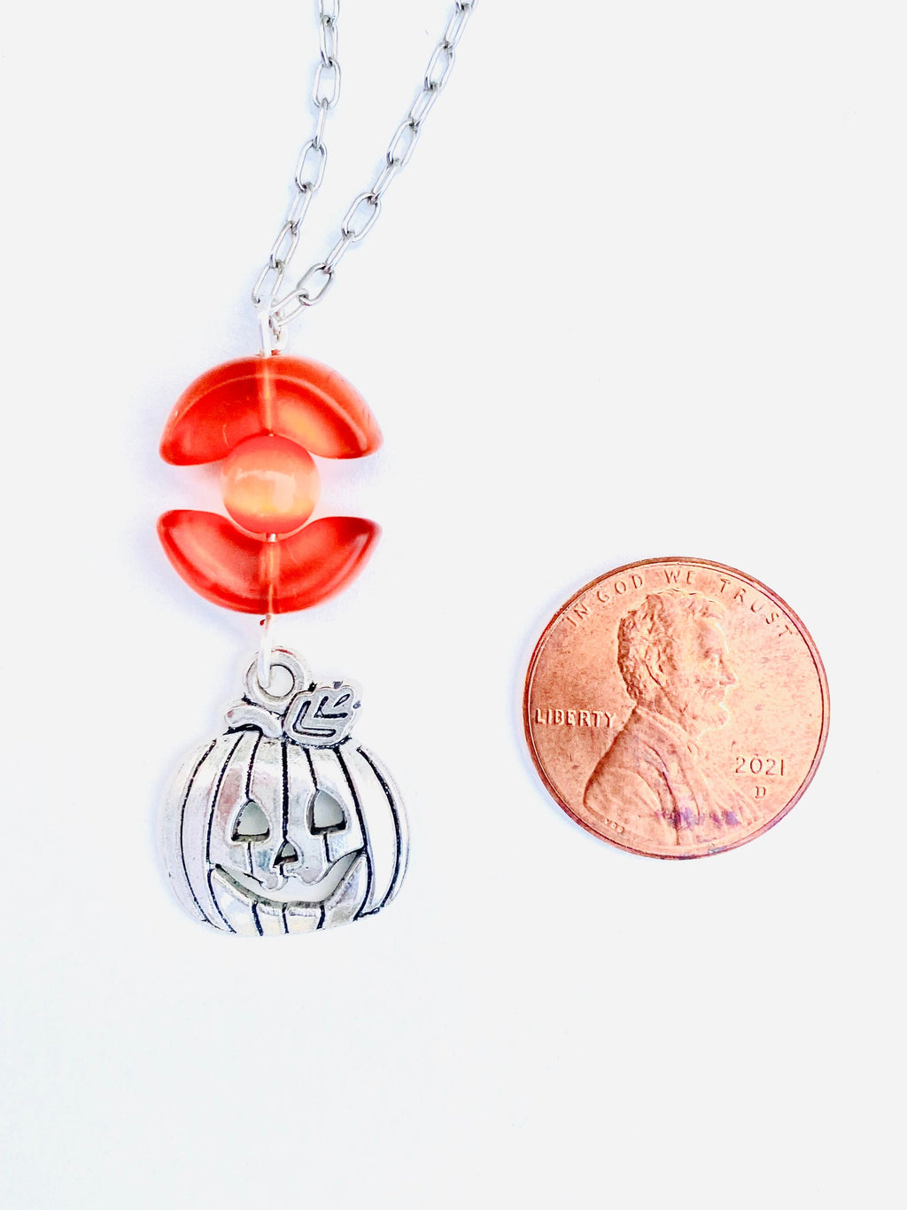 Festive Halloween Pumpkin Pendant Necklace, Orange Beads, Silver Plated Chain