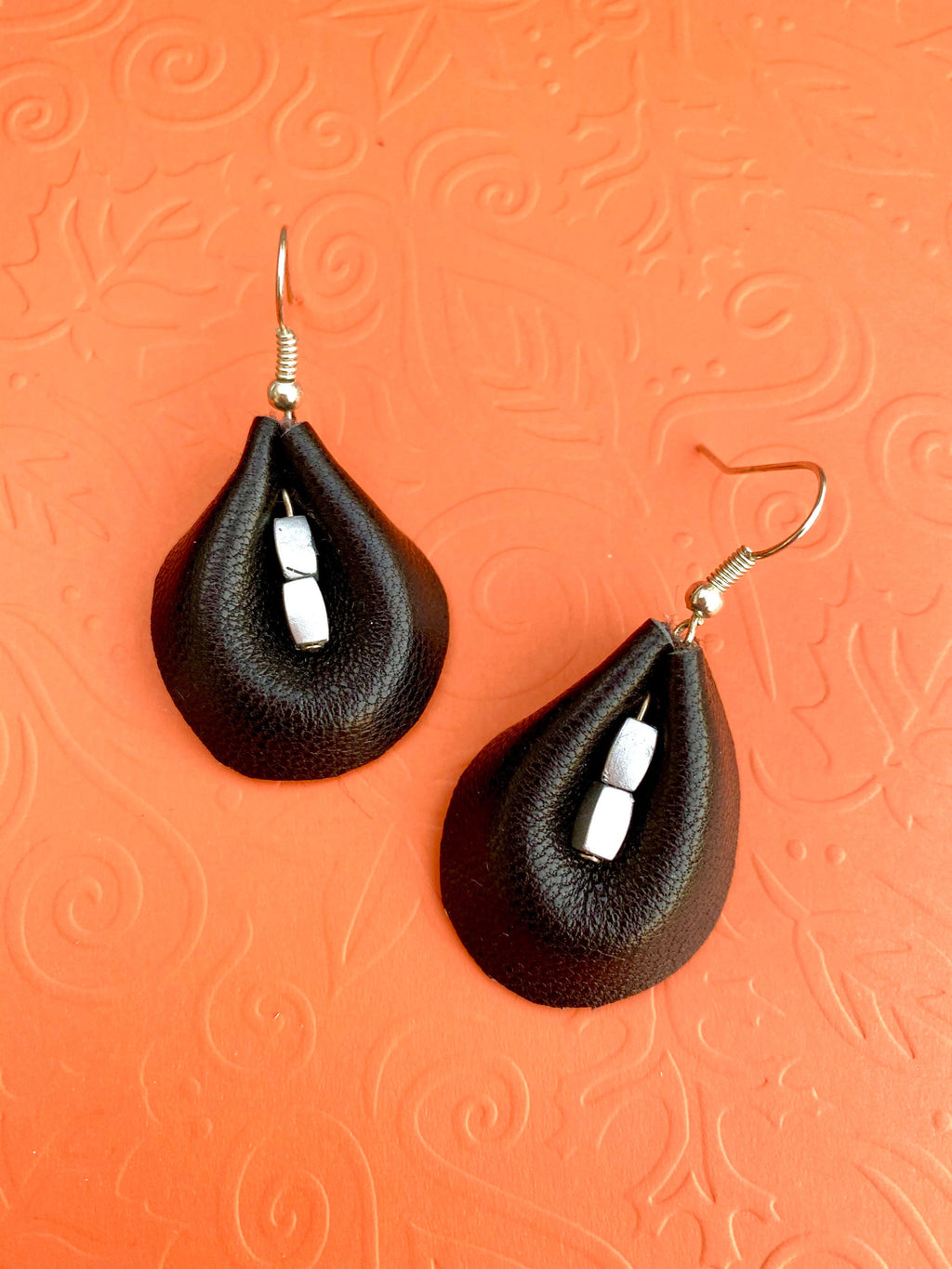 Black leather earrings, teardrop leather earrings, Fall leather earrings, black and silver leather earrings, sexy leather, gift ideas, soft