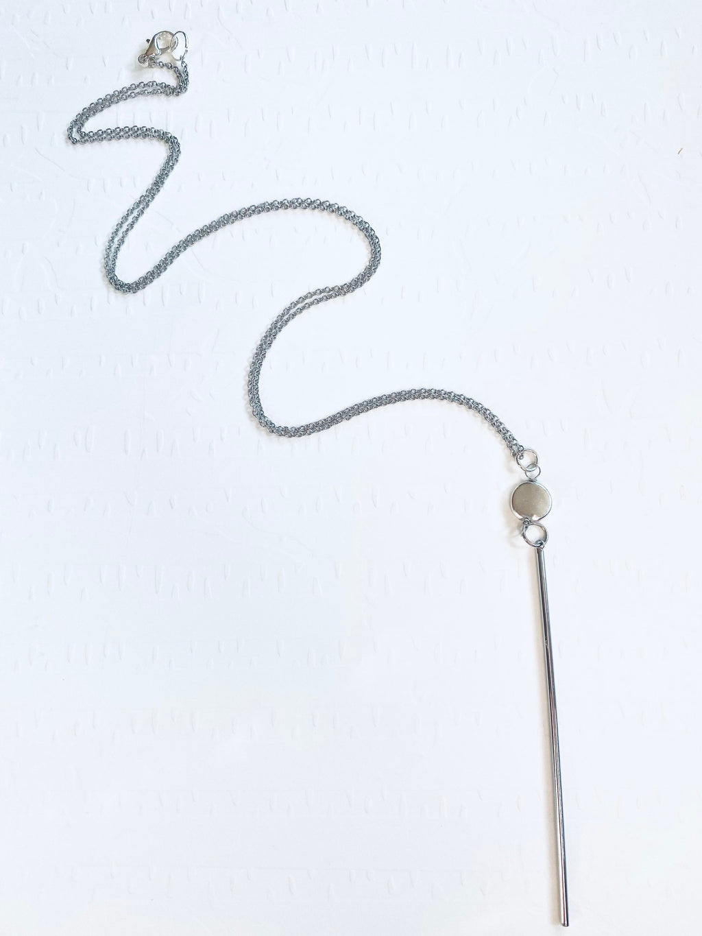 Silver Bar Pendant Necklace, Long Cable Chain, Bead Accent