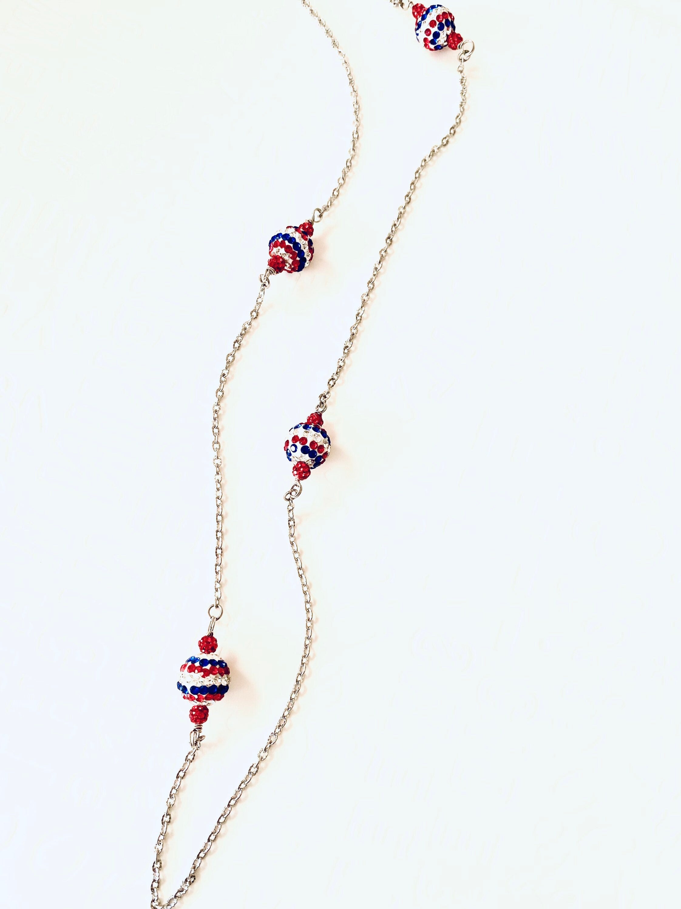 Handmade 4th of July Rhinestone Necklace, Red White and Blue Silver Chain