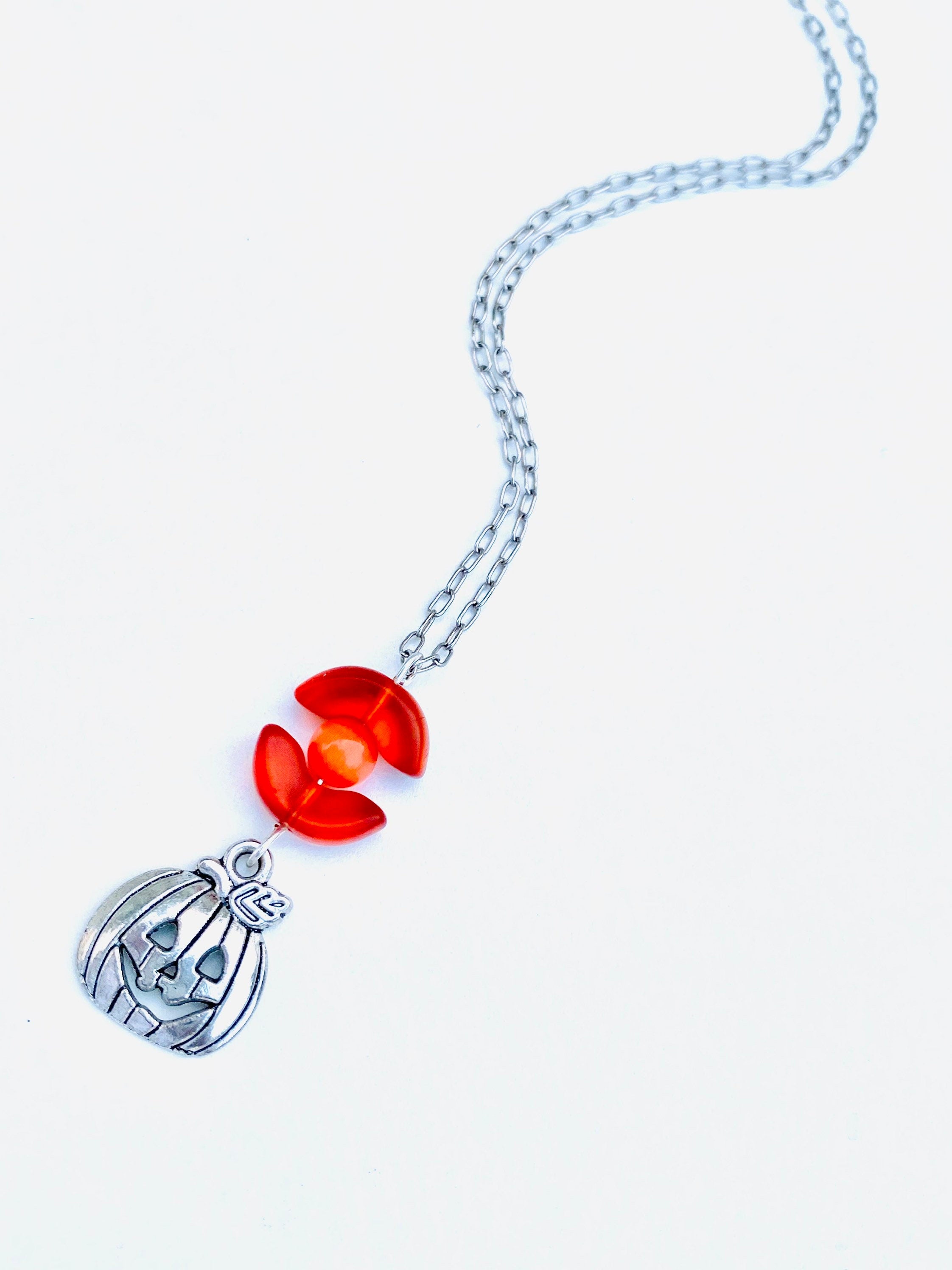 Festive Halloween Pumpkin Pendant Necklace, Orange Beads, Silver Plated Chain