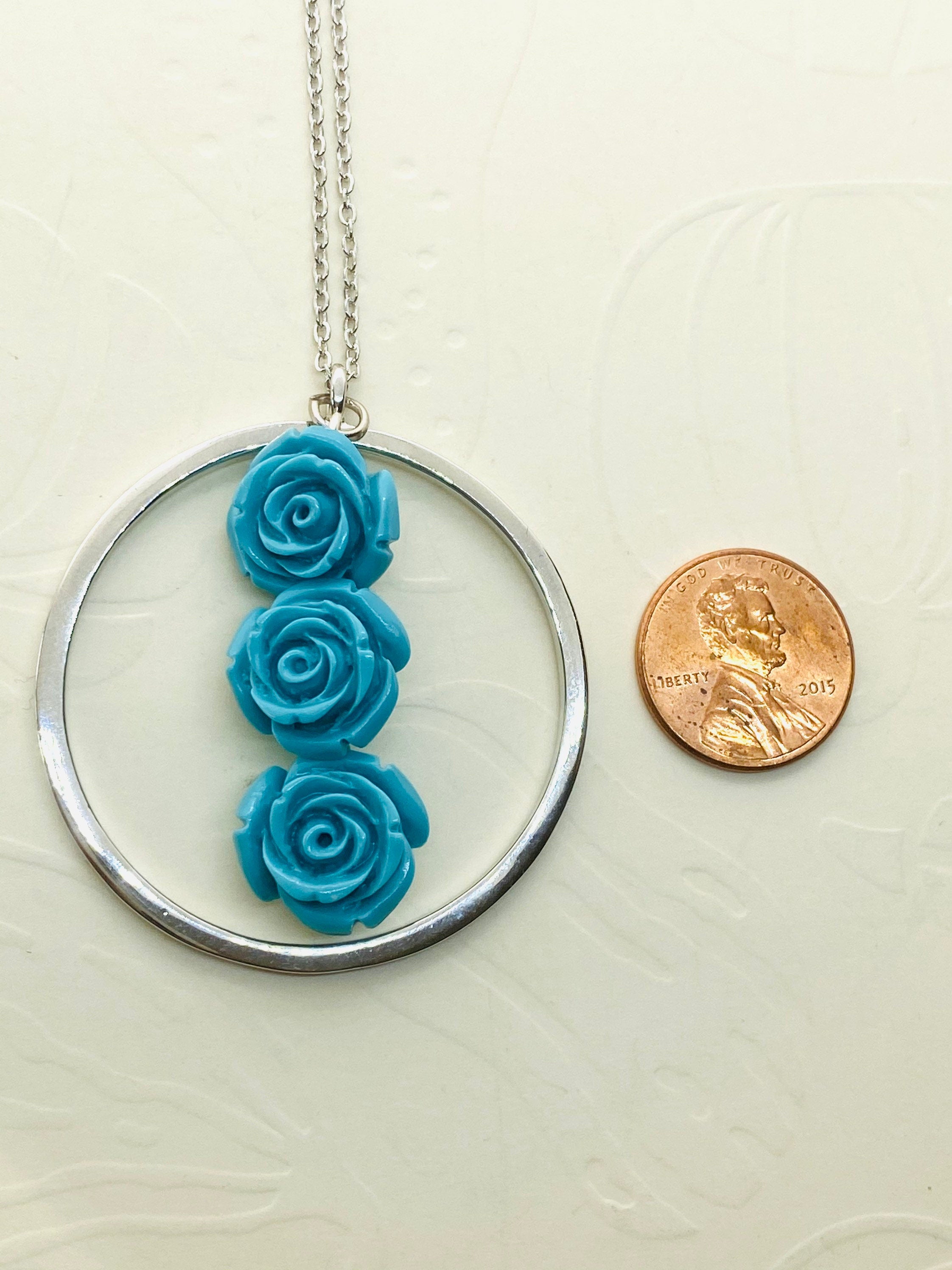 Blue Flower Pendant Necklace, Silver Circle, 30 inch Chain