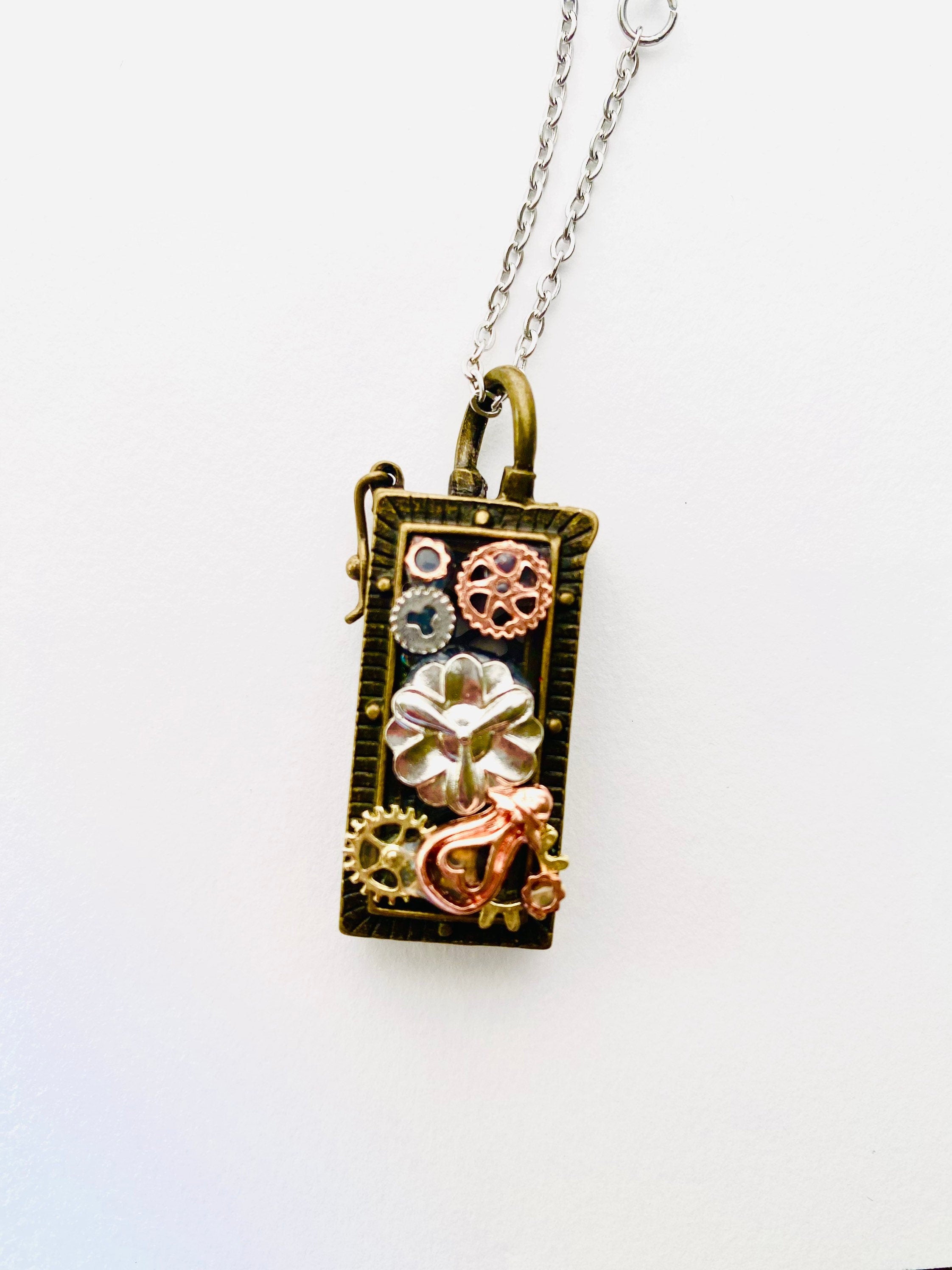 Steampunk Prayer Box Locket Necklace, Secret Compartment, Filigree Pendant