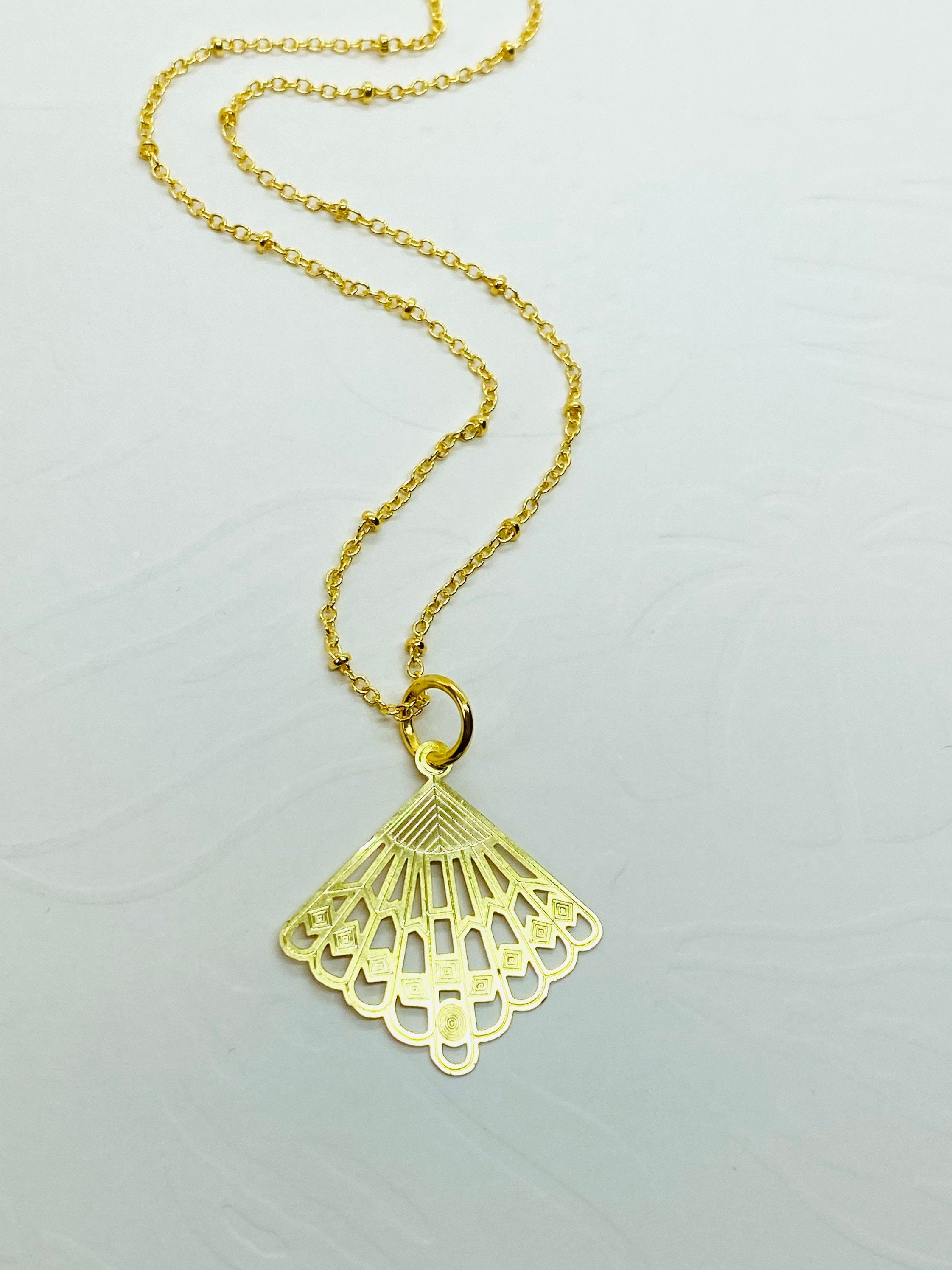 Gold Plated Filigree Fan Necklace, Elegant Gift for Her