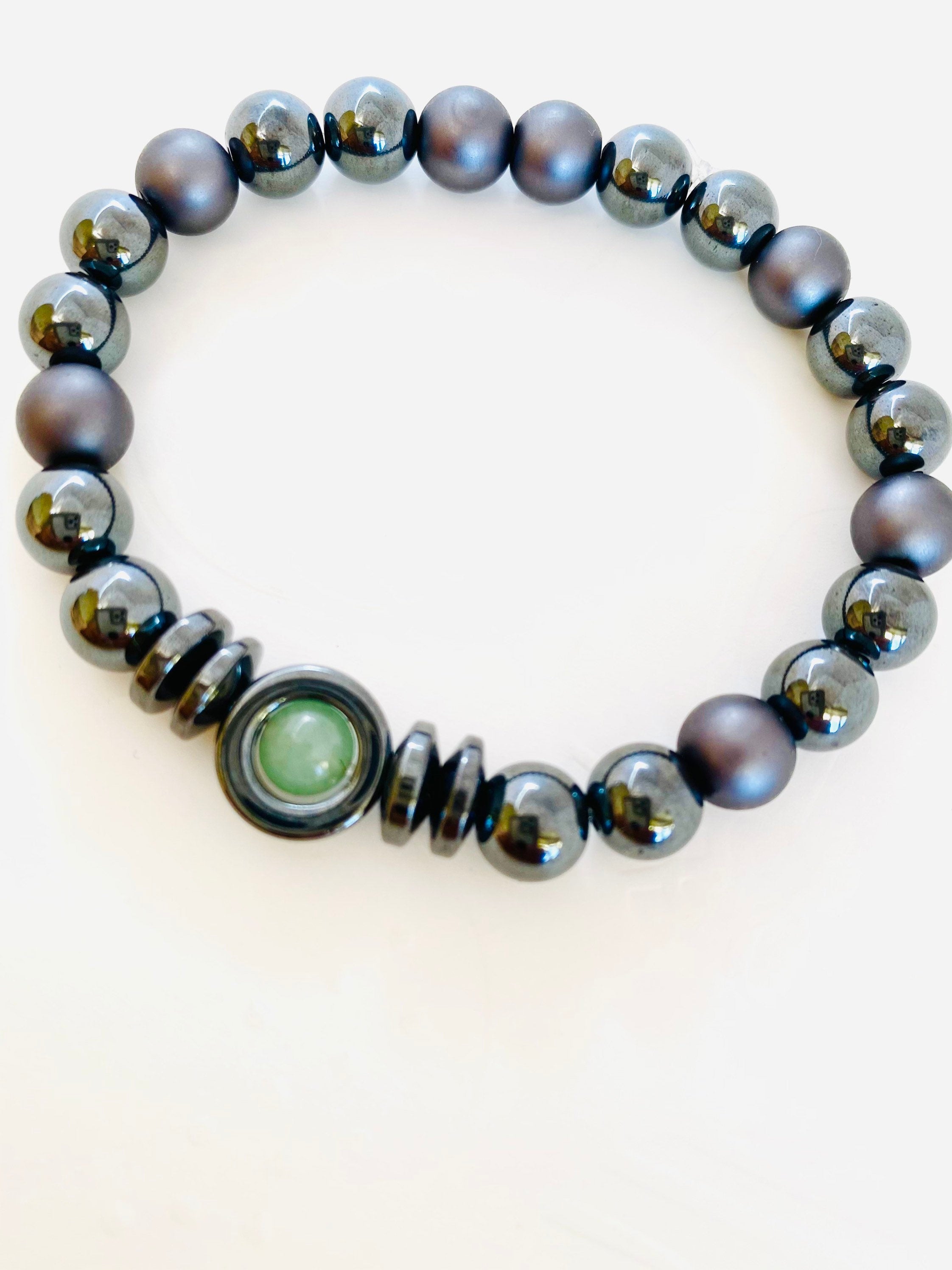 Jade Hematite Gemstone Stretch Bracelet, Unisex Healing Jewelry