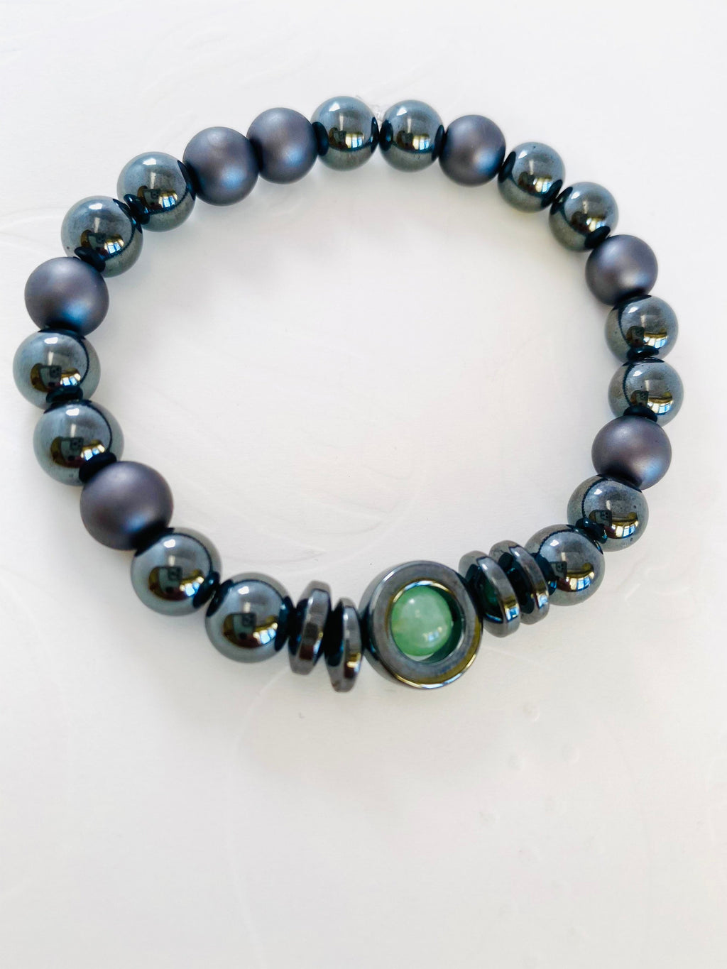 Jade Hematite Gemstone Stretch Bracelet, Unisex Healing Jewelry