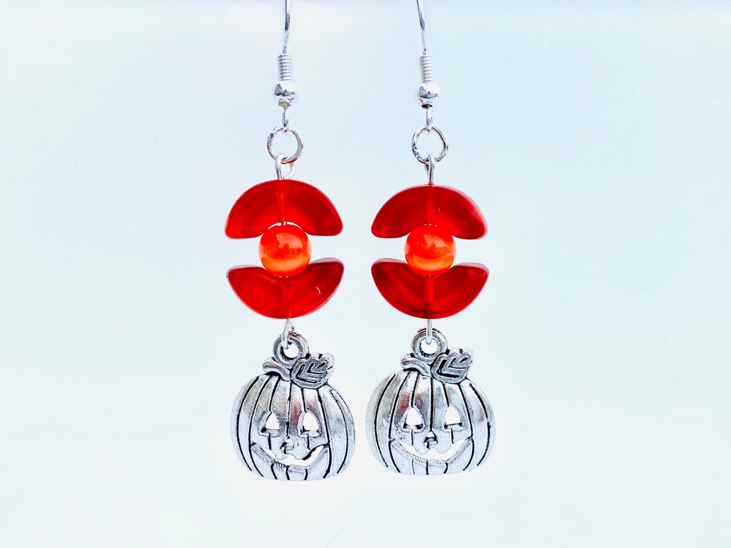 Halloween Pumpkin Earrings, Orange Beads, Silver Plated, Festive