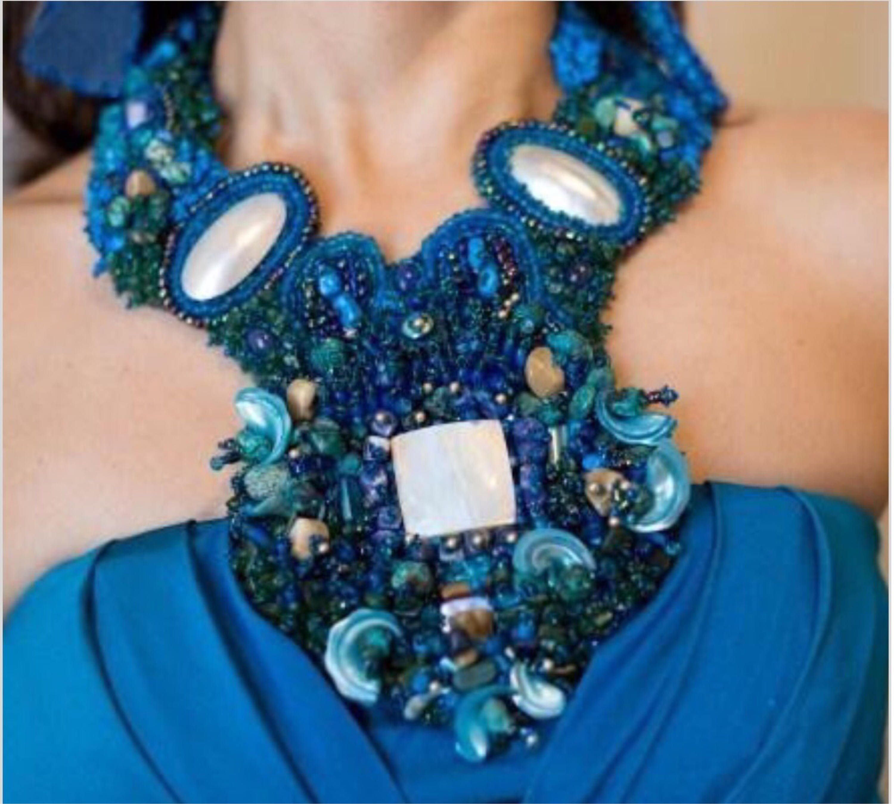 Hand Beaded Gemstone Statement Necklace, Mother of Pearl, Ocean Blue