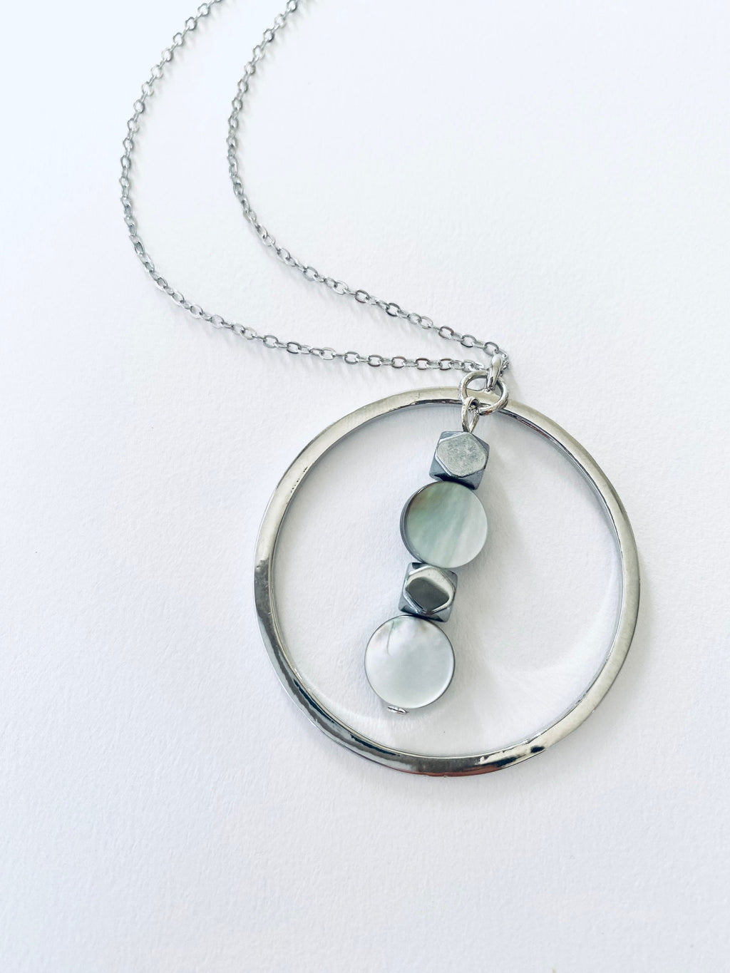 Iridescent Pearl Glass Pendant Necklace, Circular Silver Necklace, 30 inch