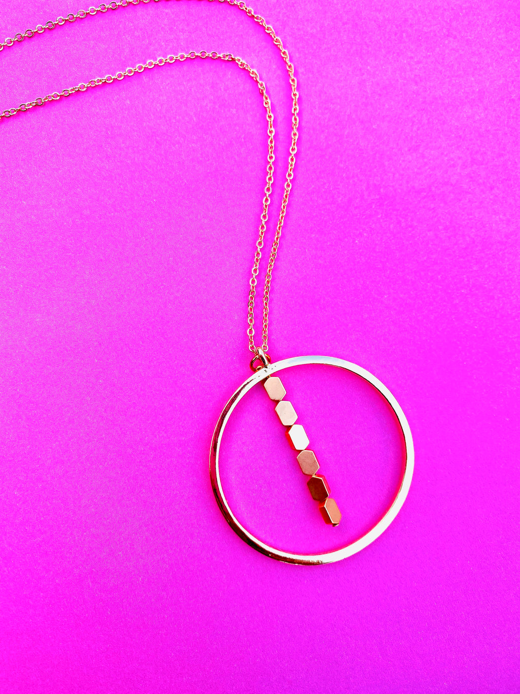 Gold Circular Pendant Necklace with Matte Hematite Beads, 30 Inch