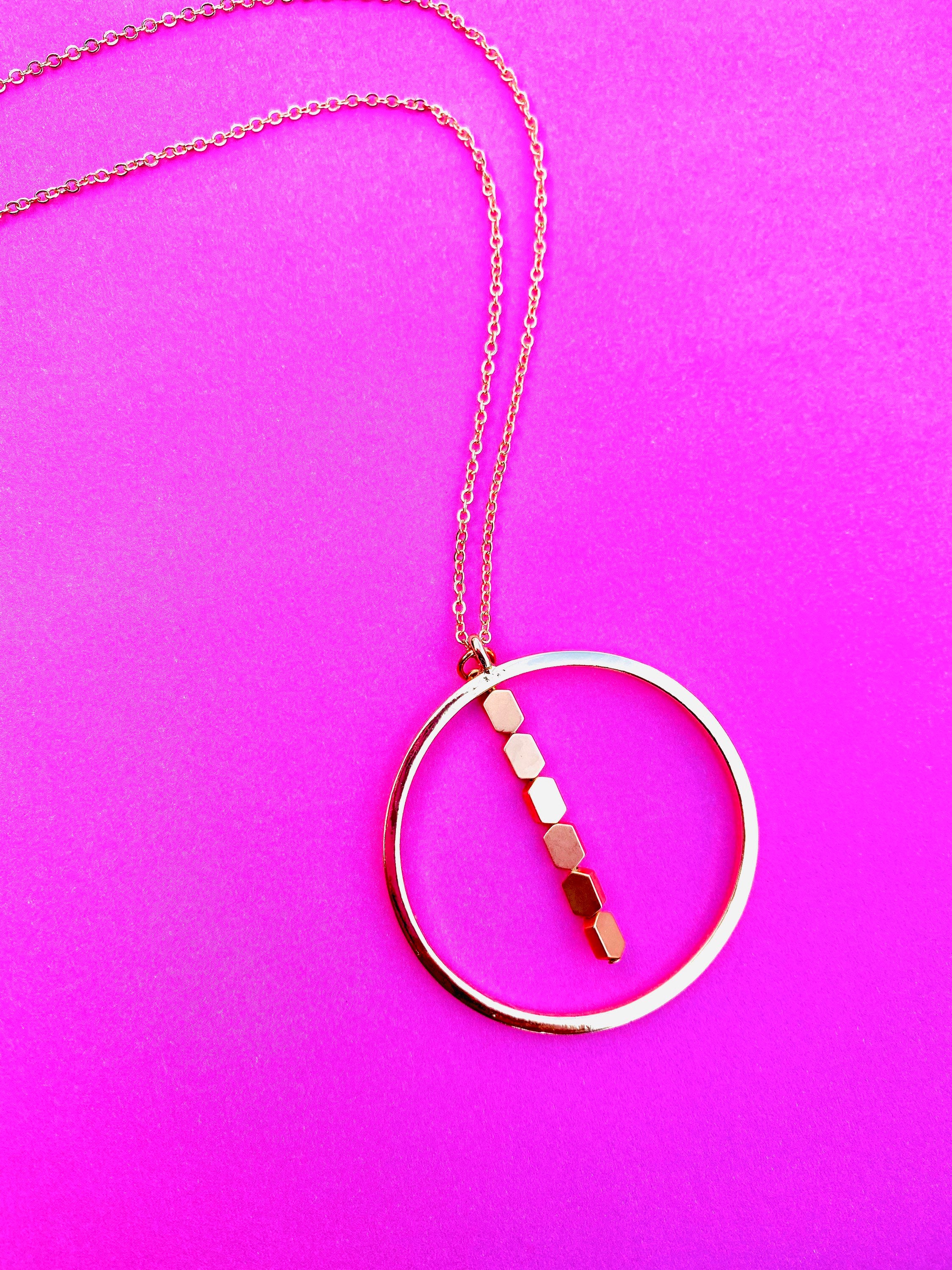 Gold Circular Pendant Necklace with Matte Hematite Beads, 30 Inch