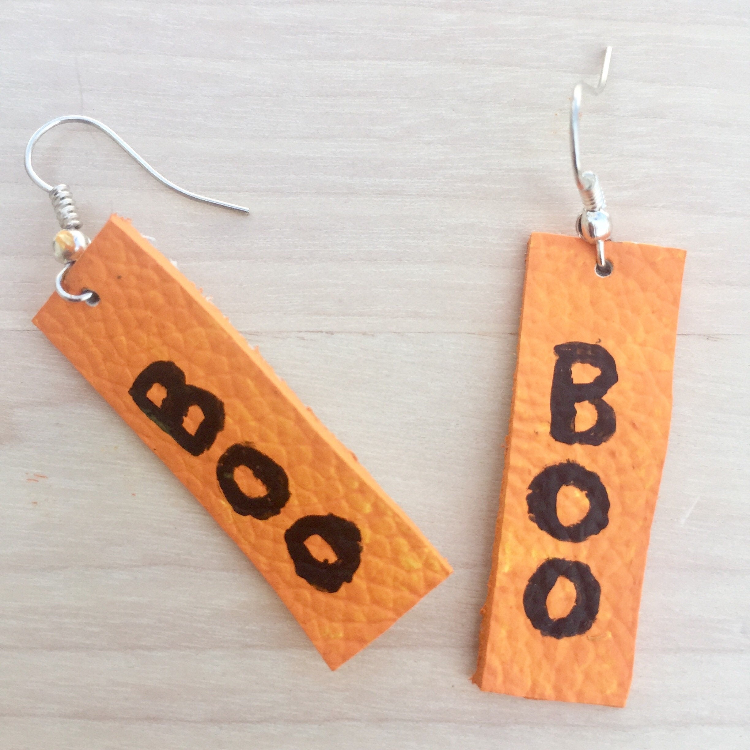 Halloween Leather Earrings, Hand-Painted 'Boo' Design, Spooky Chic