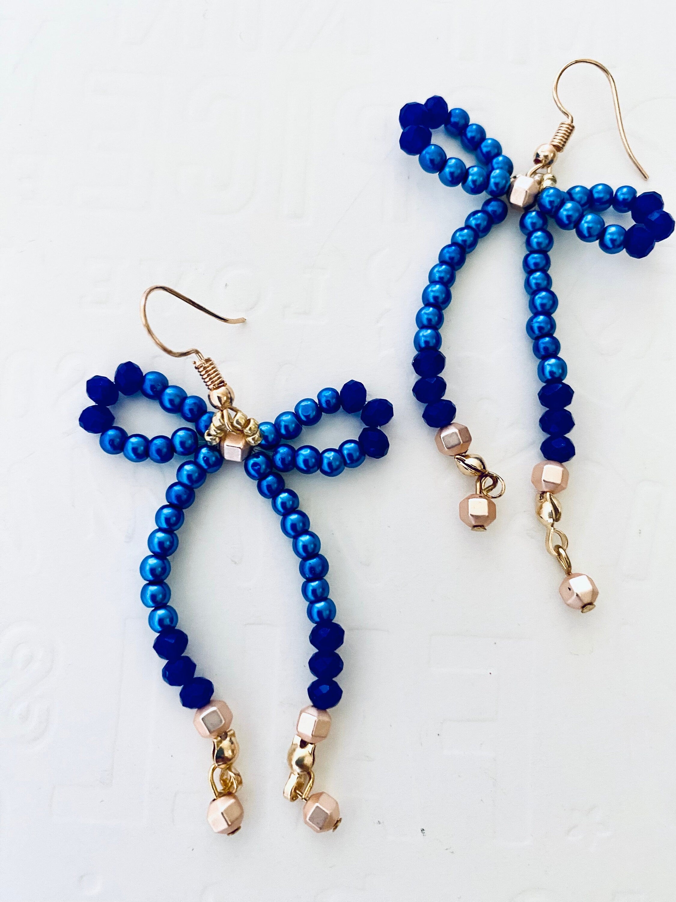 Handmade Beaded Bow Earrings, Crystal Royal Blue, Gold Hook