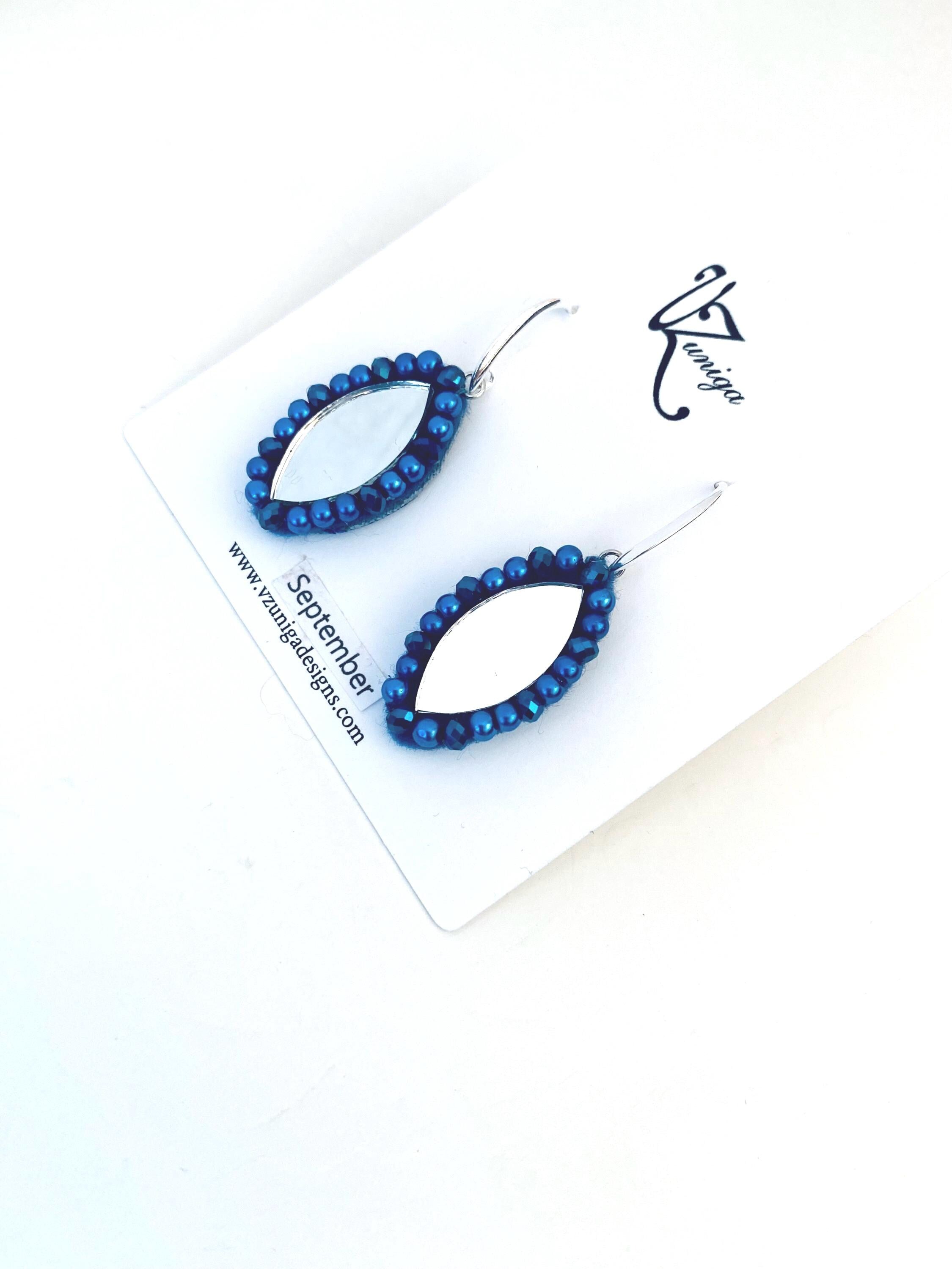 Sapphire Blue Mirror Beaded Earrings, Sterling Silver Hooks