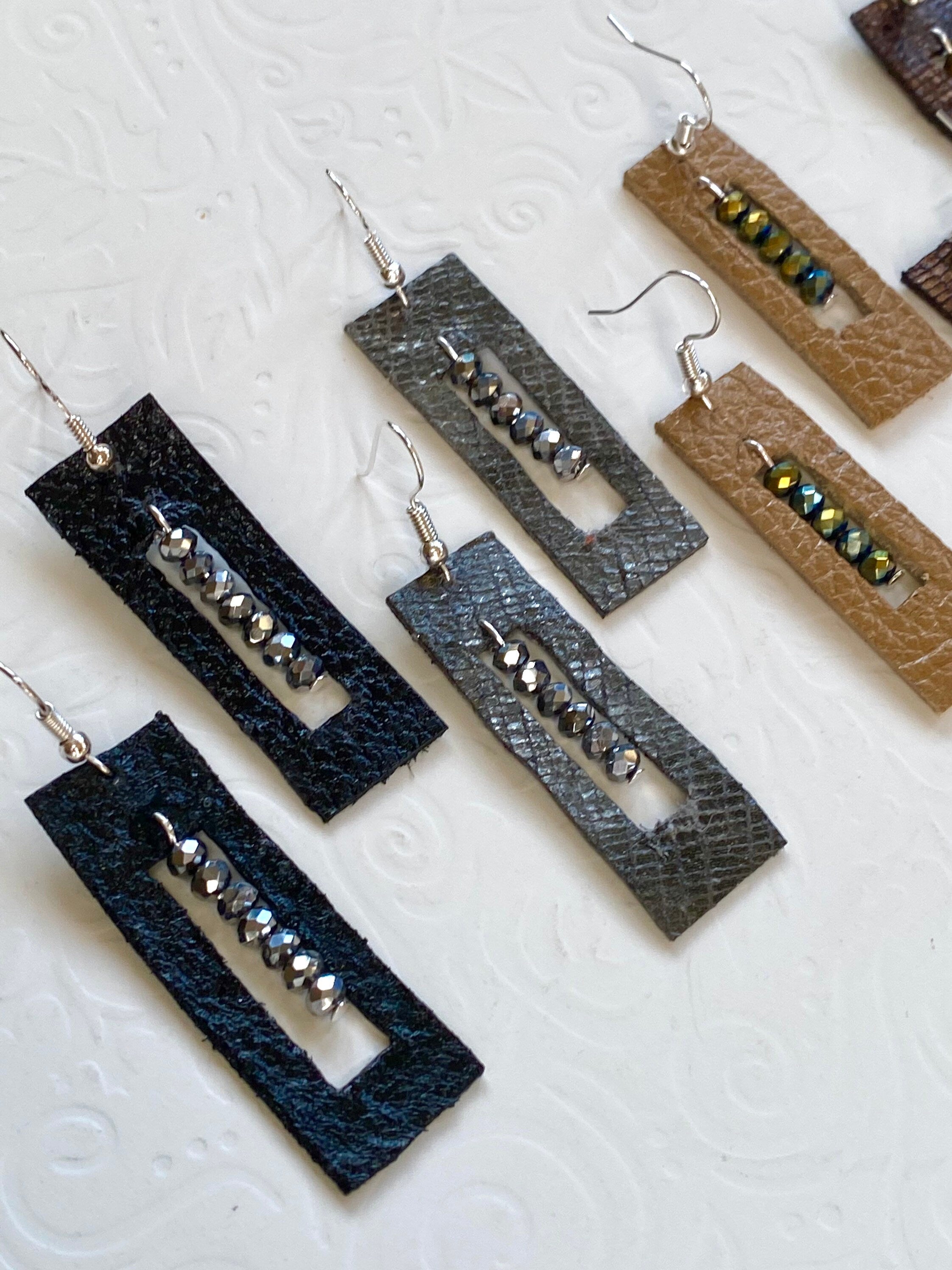 Rectangular Leather Earrings, Crystal Beaded, Handmade