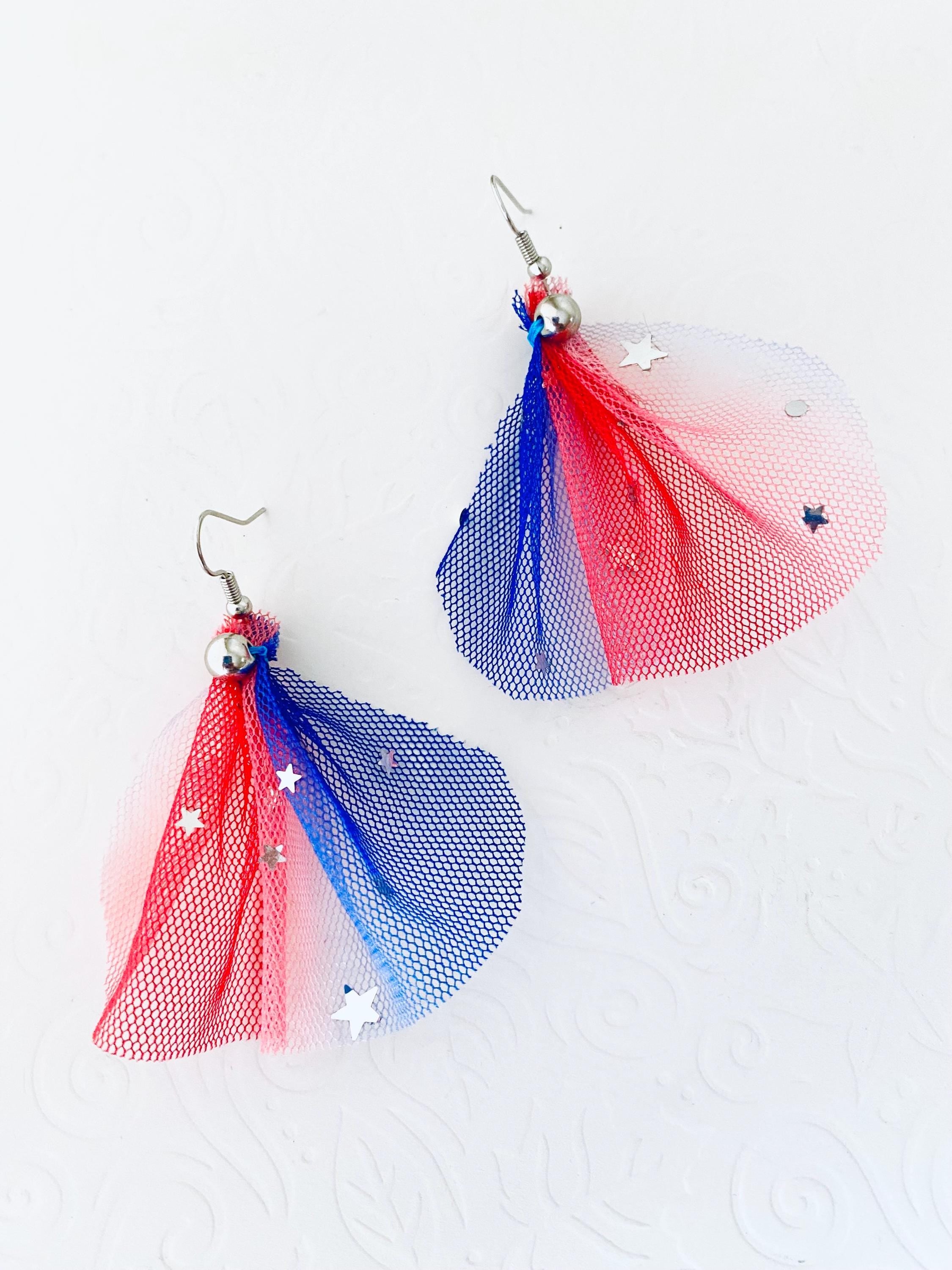 4th of July Tulle Earrings, Patriotic Silver Star Dangle