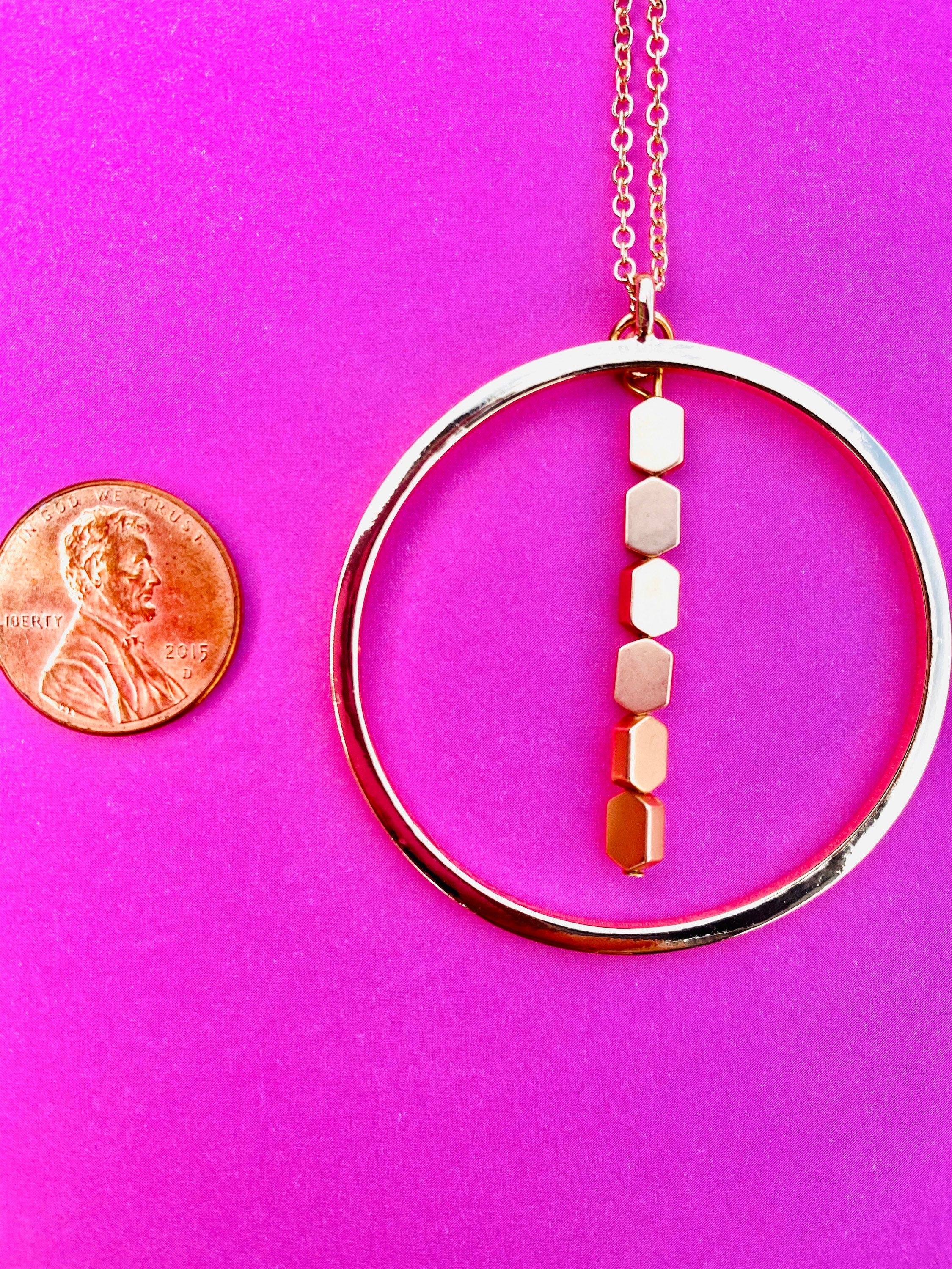 Gold Circular Pendant Necklace with Matte Hematite Beads, 30 Inch