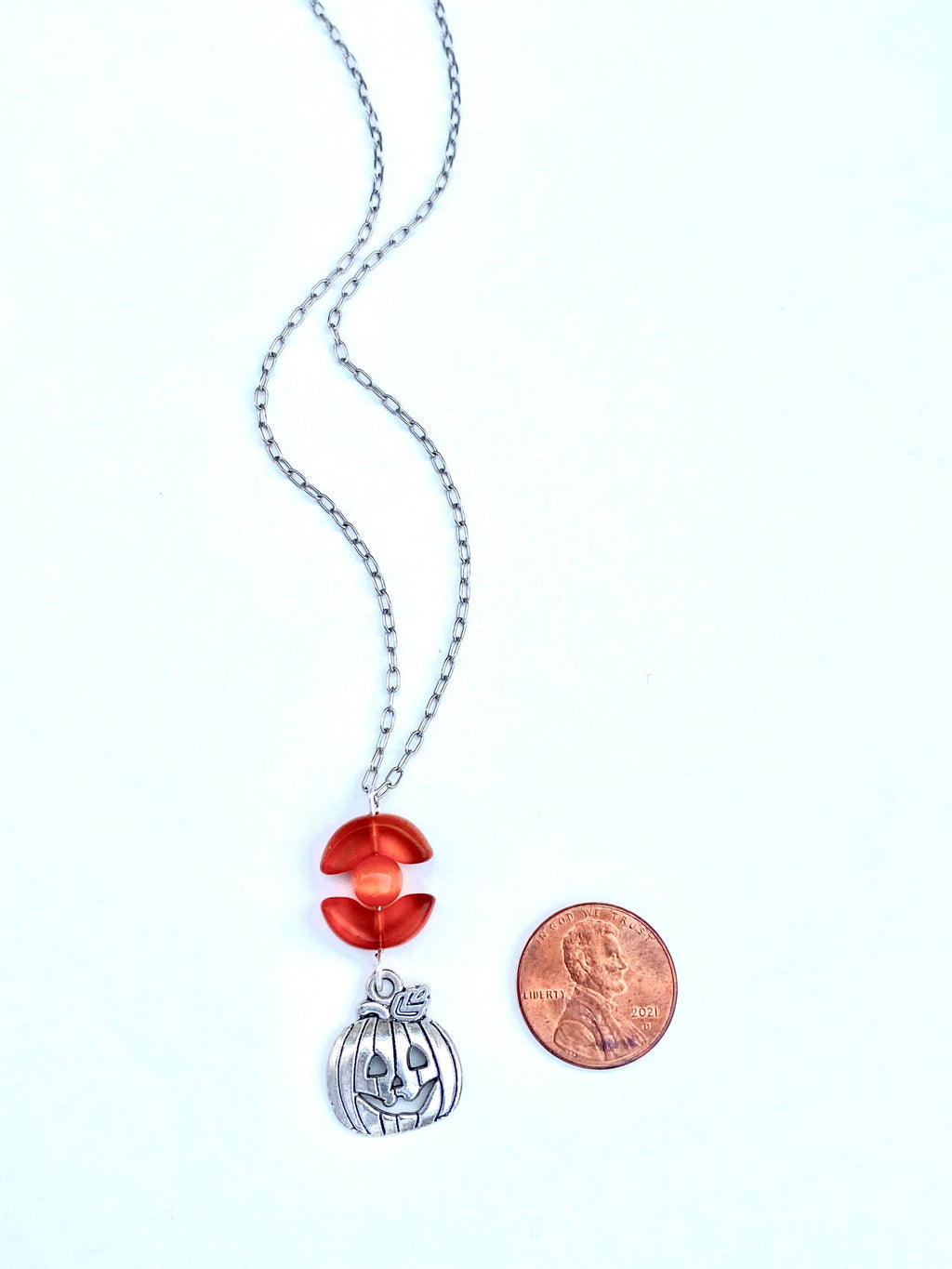 Festive Halloween Pumpkin Pendant Necklace, Orange Beads, Silver Plated Chain