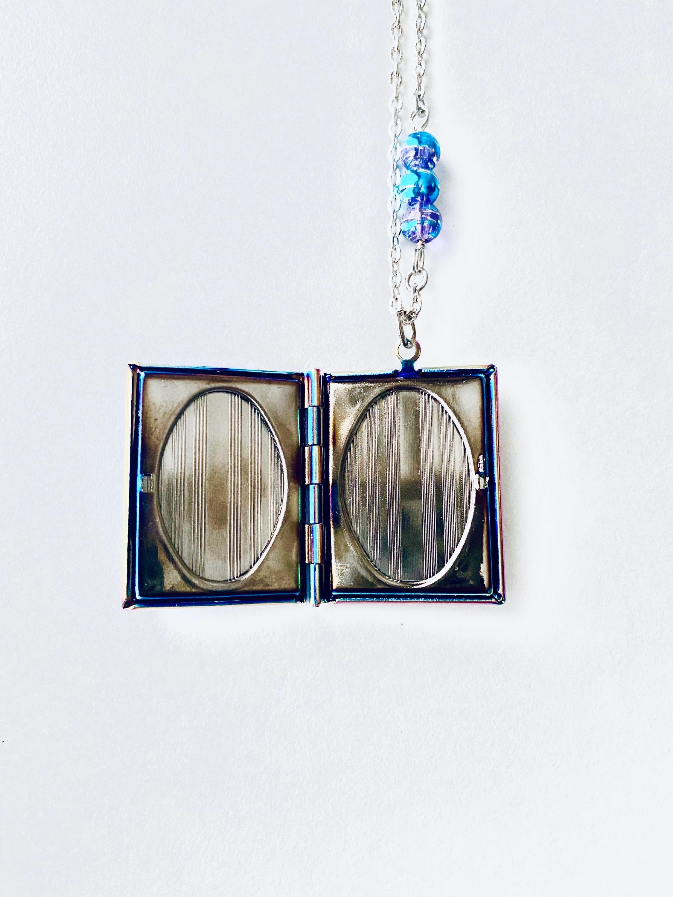 Iridescent Blue Locket Pendant Necklace, Silver Chain, 30 inch