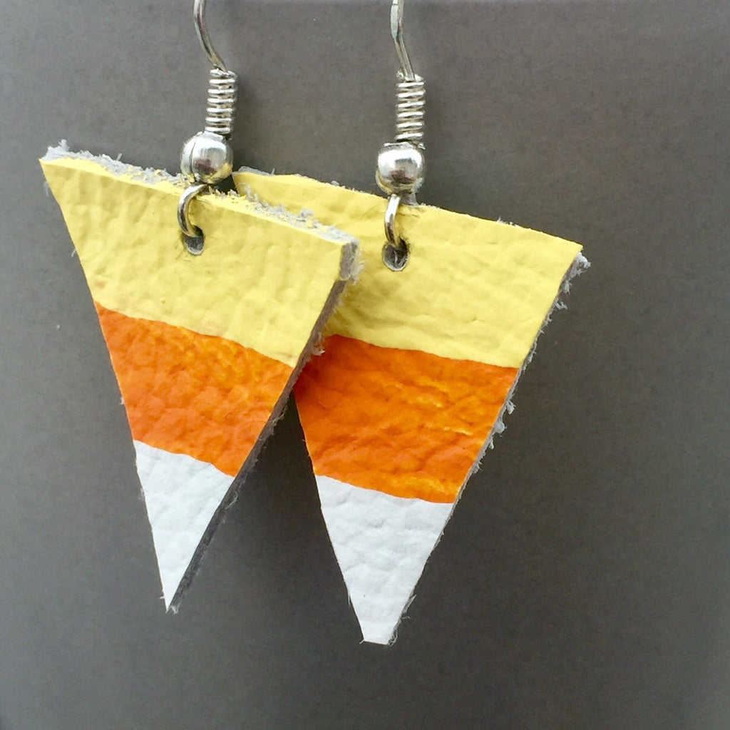 Candy Corn Leather Earrings, Hand-Painted Halloween Jewelry