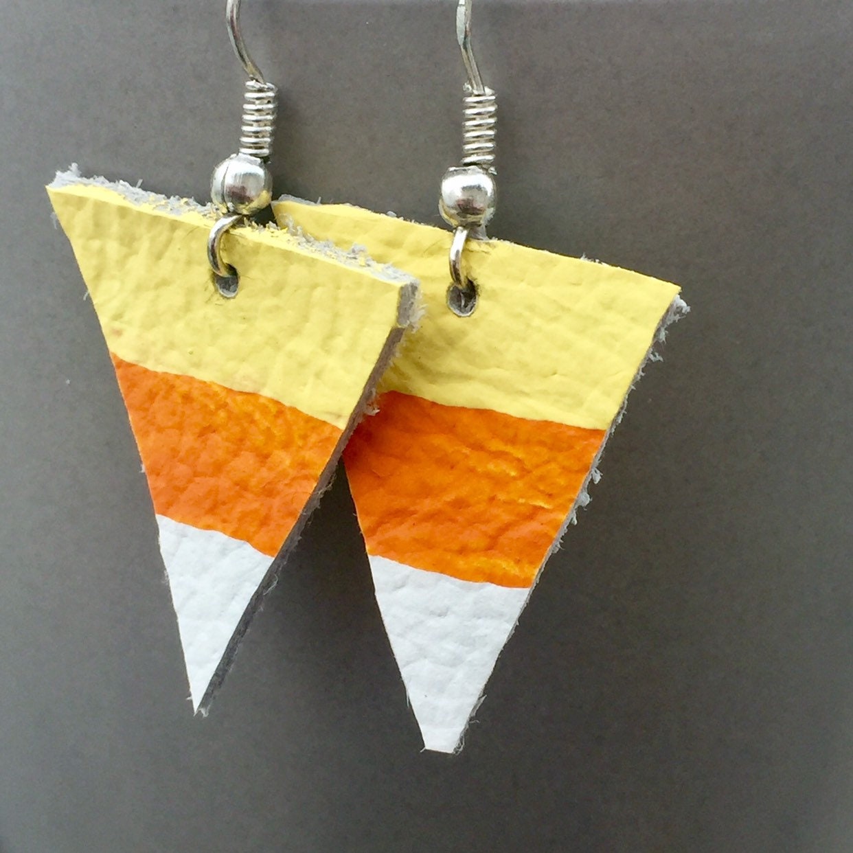 Candy Corn Leather Earrings, Hand-Painted Halloween Jewelry