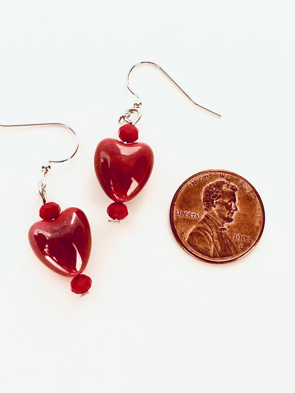 Red Glass Heart Earrings, Silver Plated Hooks, Czech Crystal Festive Jewelry