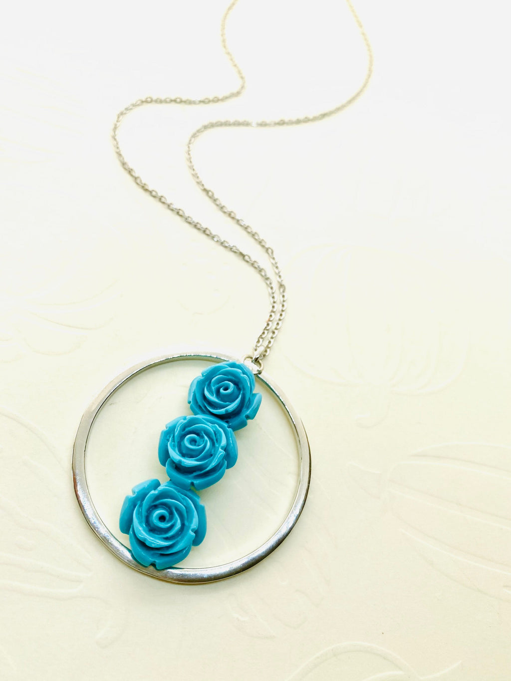 Blue Flower Pendant Necklace, Silver Circle, 30 inch Chain