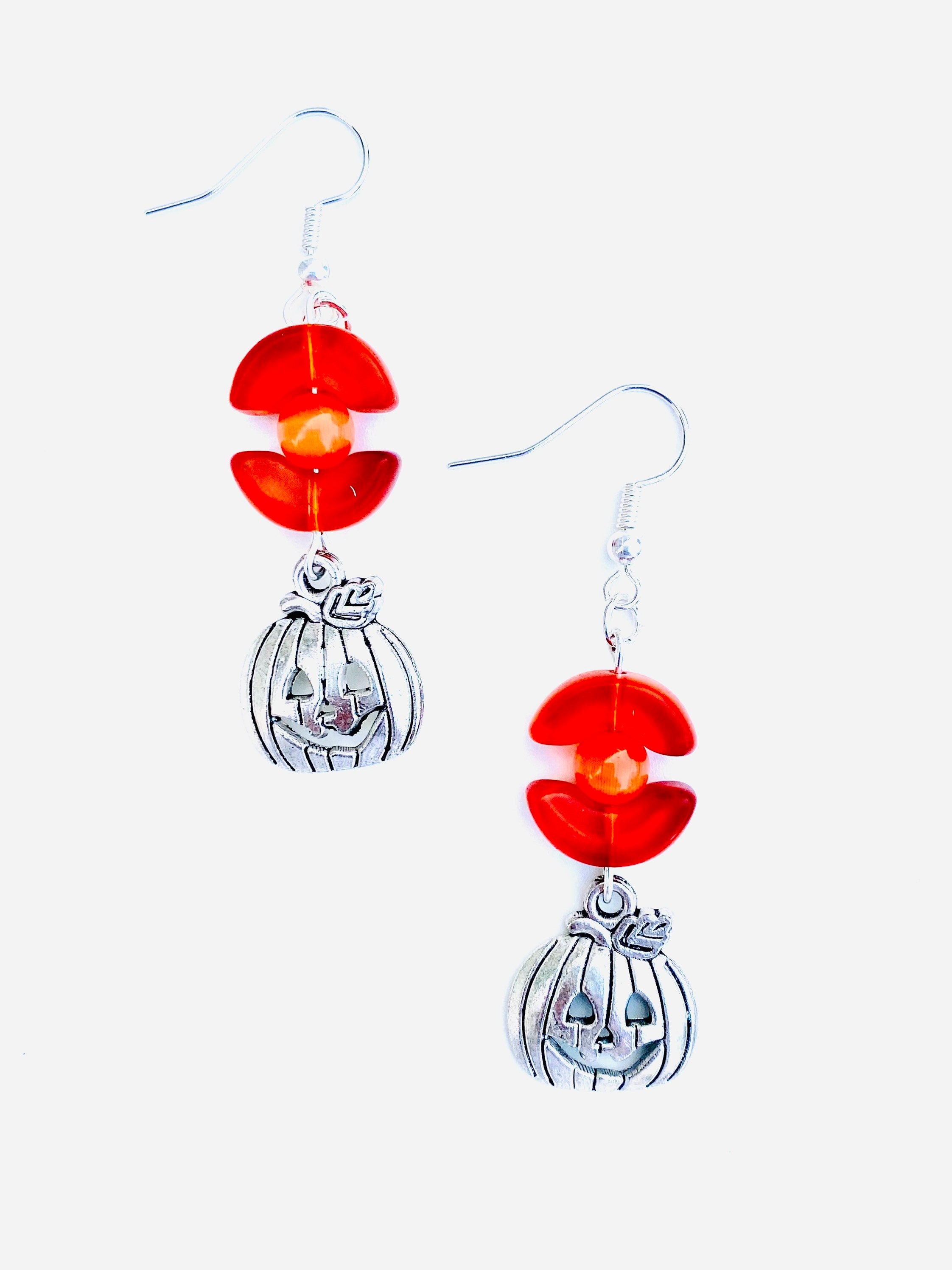 Halloween Pumpkin Earrings, Orange Beads, Silver Plated, Festive