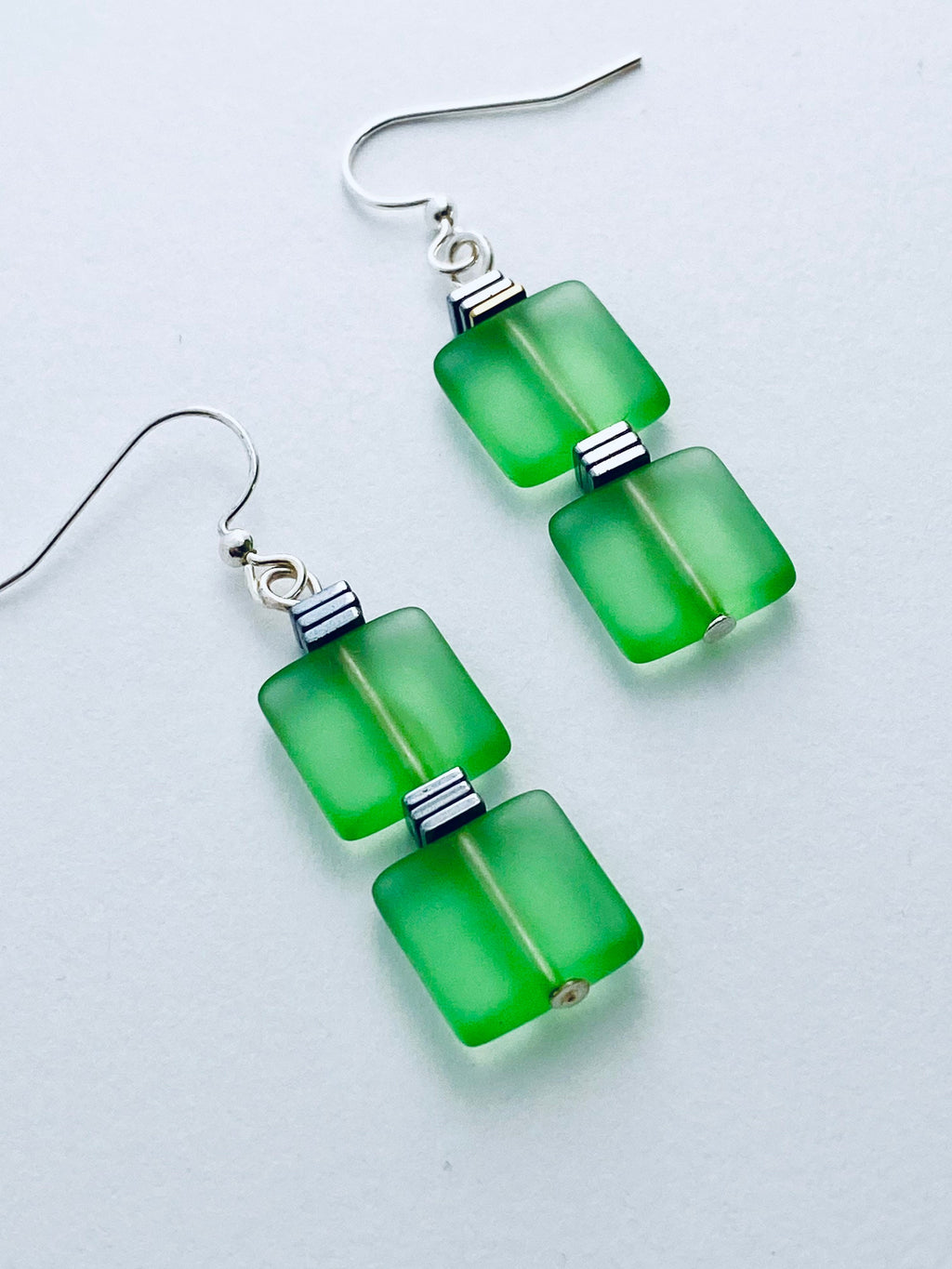 Green Sea Glass Dangle Earrings, Silver Plated Components