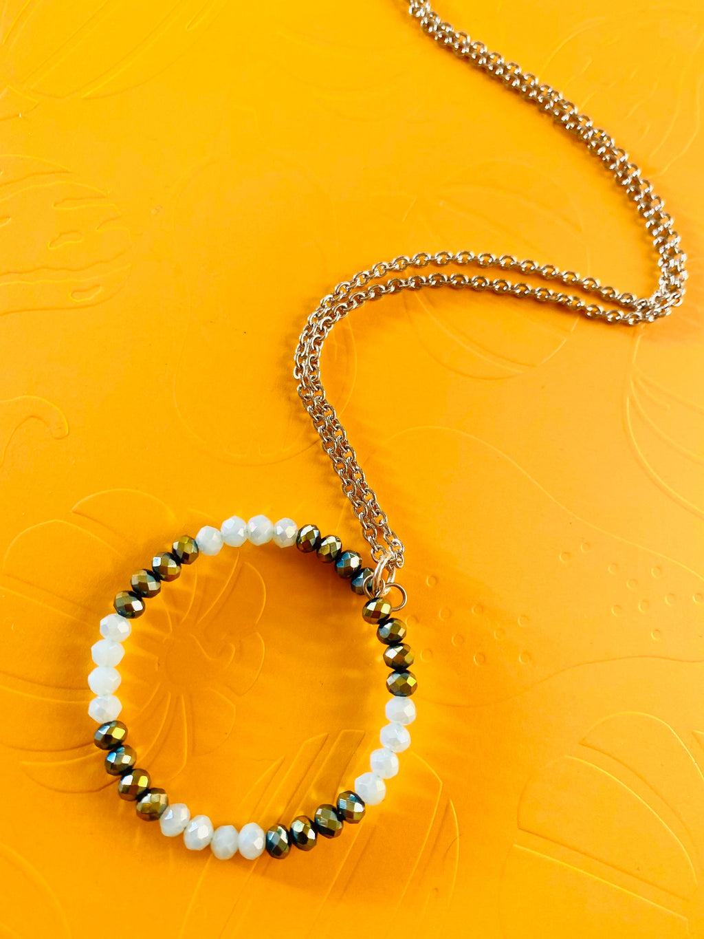Crystal Circle Pendant Necklace, Silver Chain, Rondelle Beads