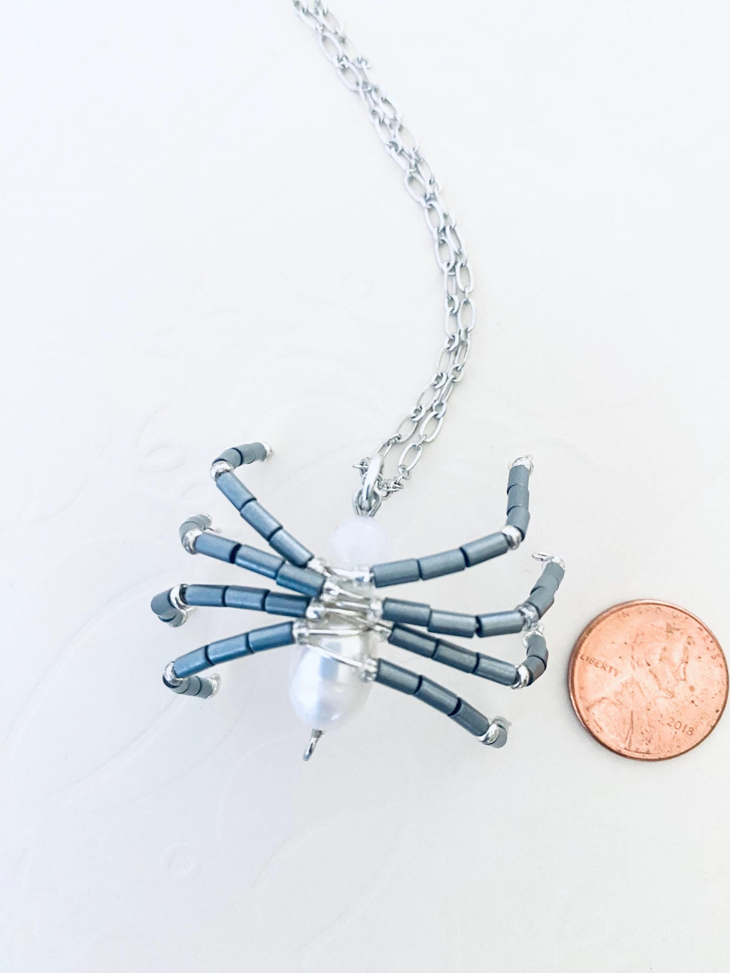 Beaded Spider Necklace, Pearl Pendant, Halloween Jewelry