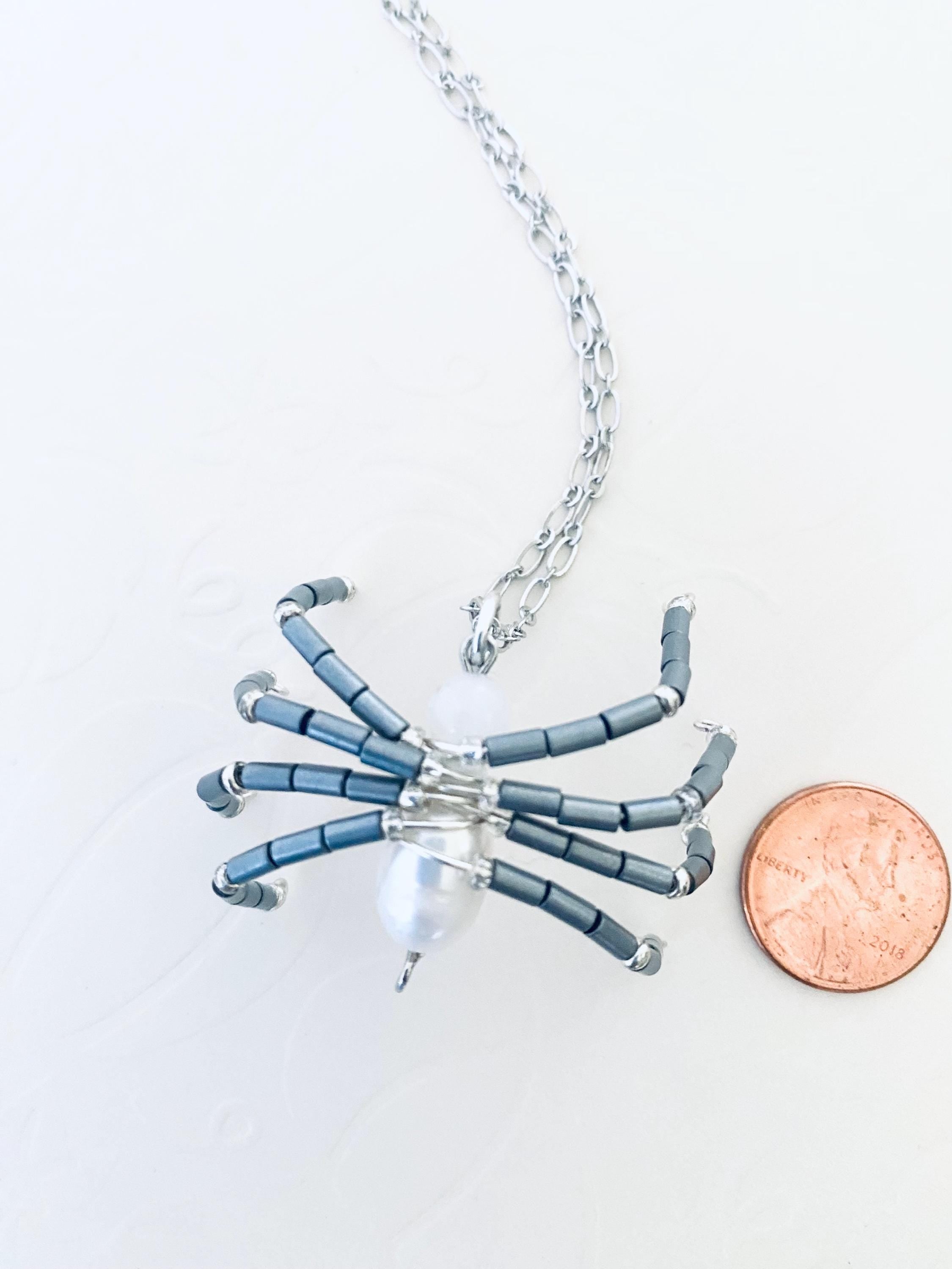 Beaded Spider Necklace, Pearl Pendant, Halloween Jewelry