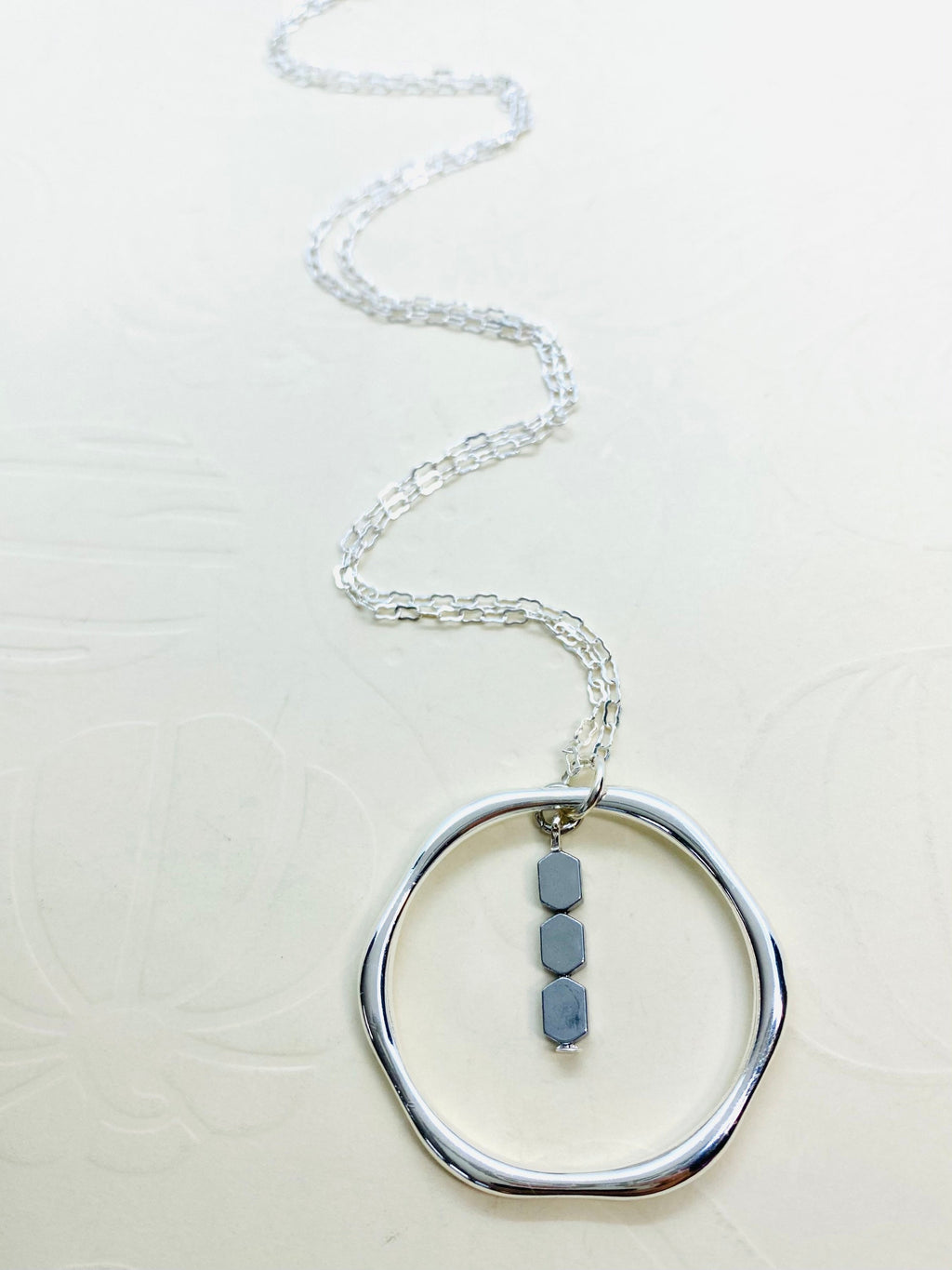 Silver Hexagon Pendant Necklace with Hematite Beads, 30 Inch Chain
