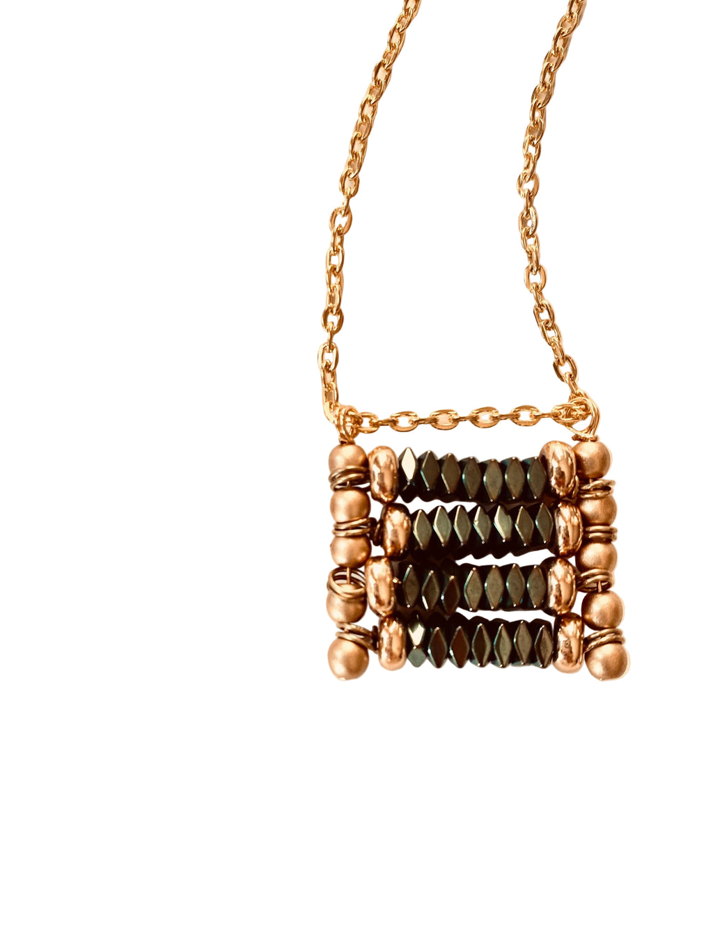 Rectangular Beaded Pendant Necklace, Green and Matte Gold, 30 inch
