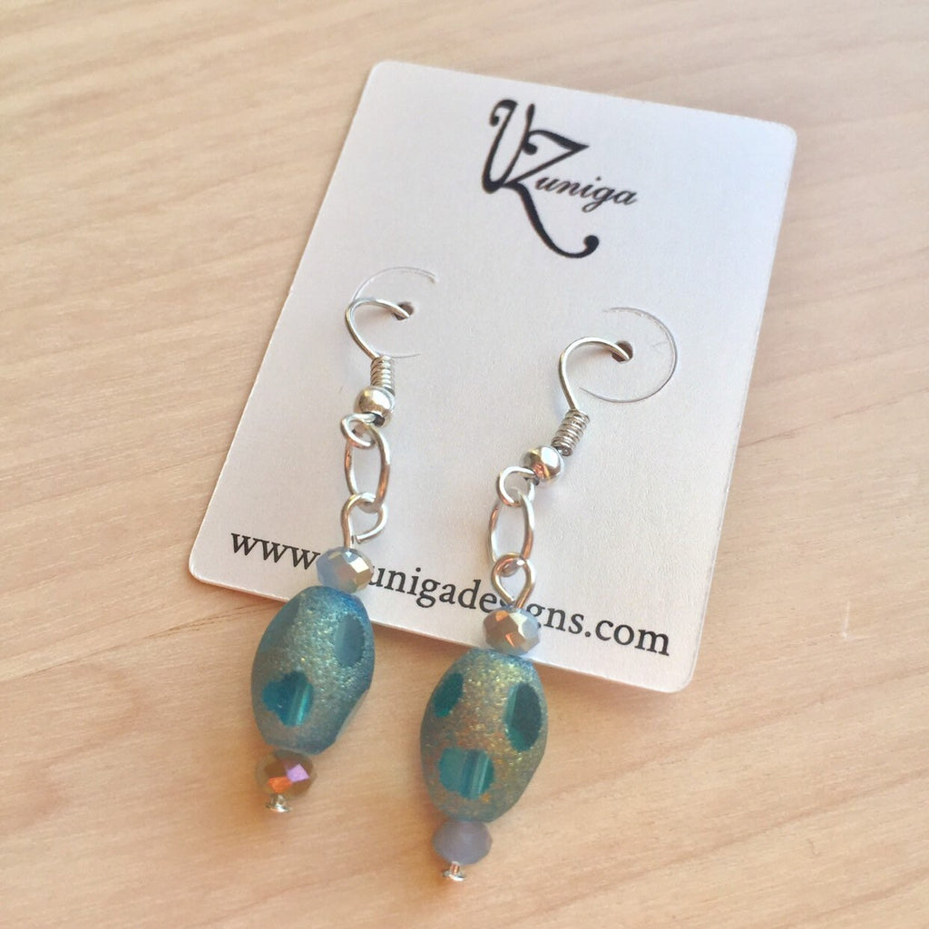 Iridescent Blue Dangle Earrings, Easter Egg Style