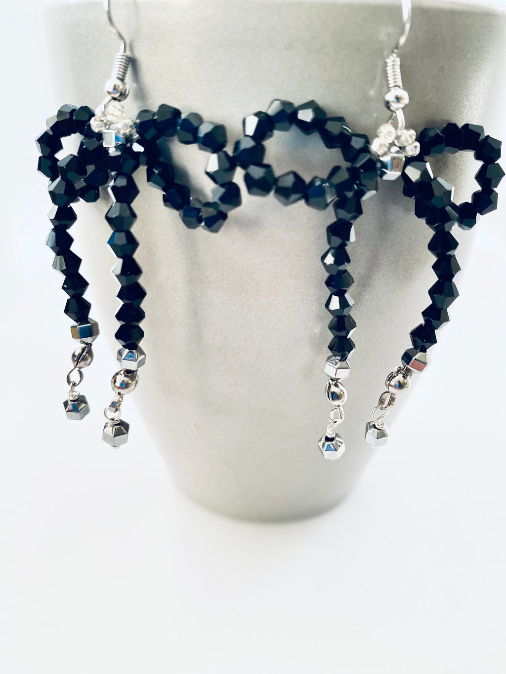 Black Crystal Bow Earrings, Silver Plated Hooks, Beaded Festive Jewelry