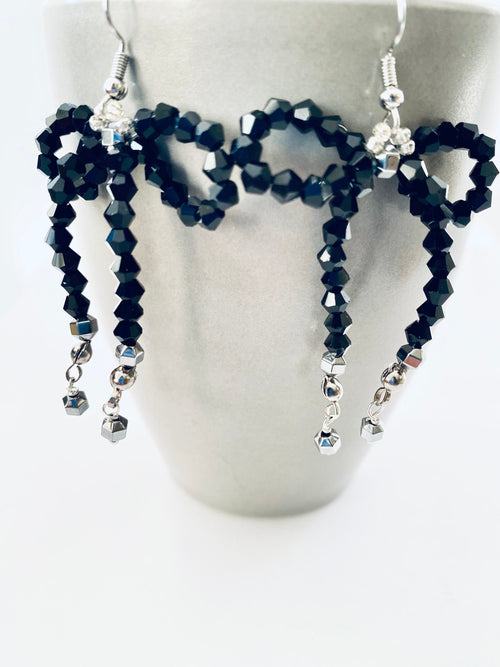 Black Crystal Bow Earrings, Silver Plated Hooks, Beaded Festive Jewelry