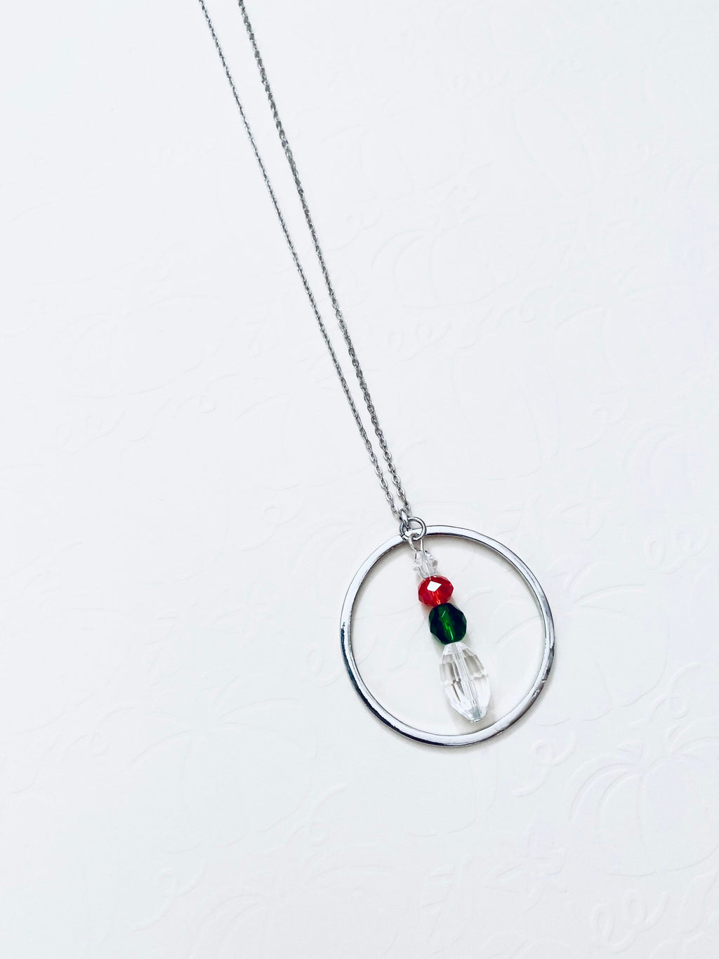 Festive Circular Pendant Necklace, Red Green Crystal Beads, 30 inch Silver Chain