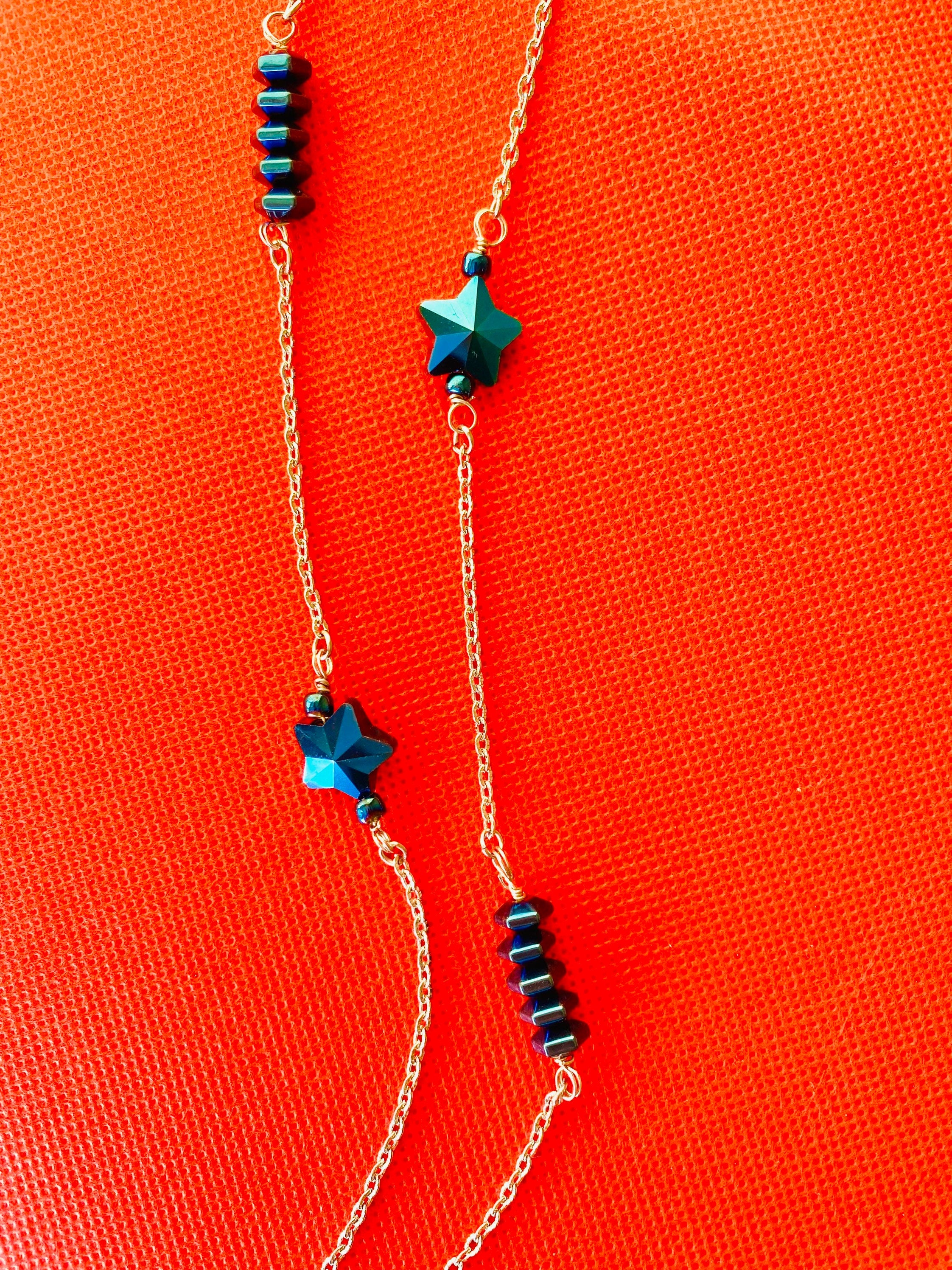 Handmade Blue Iridescent Star Necklace, Silver Chain, Patriotic Jewelry