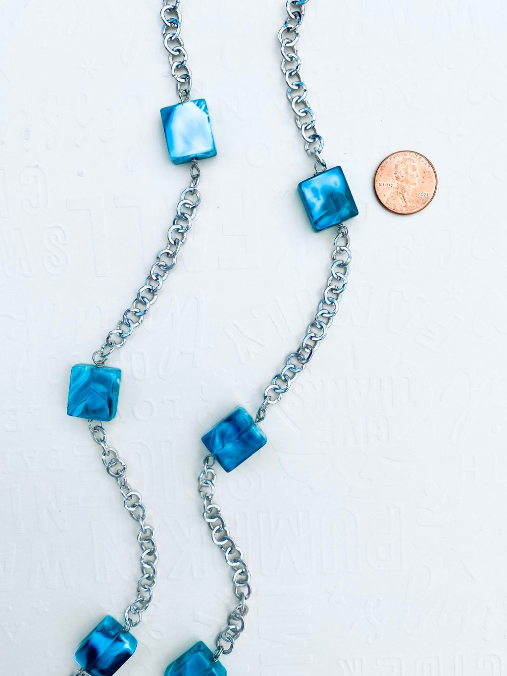 Blue Swirl Glass Bead Necklace, Silver Chain, 32 Inch