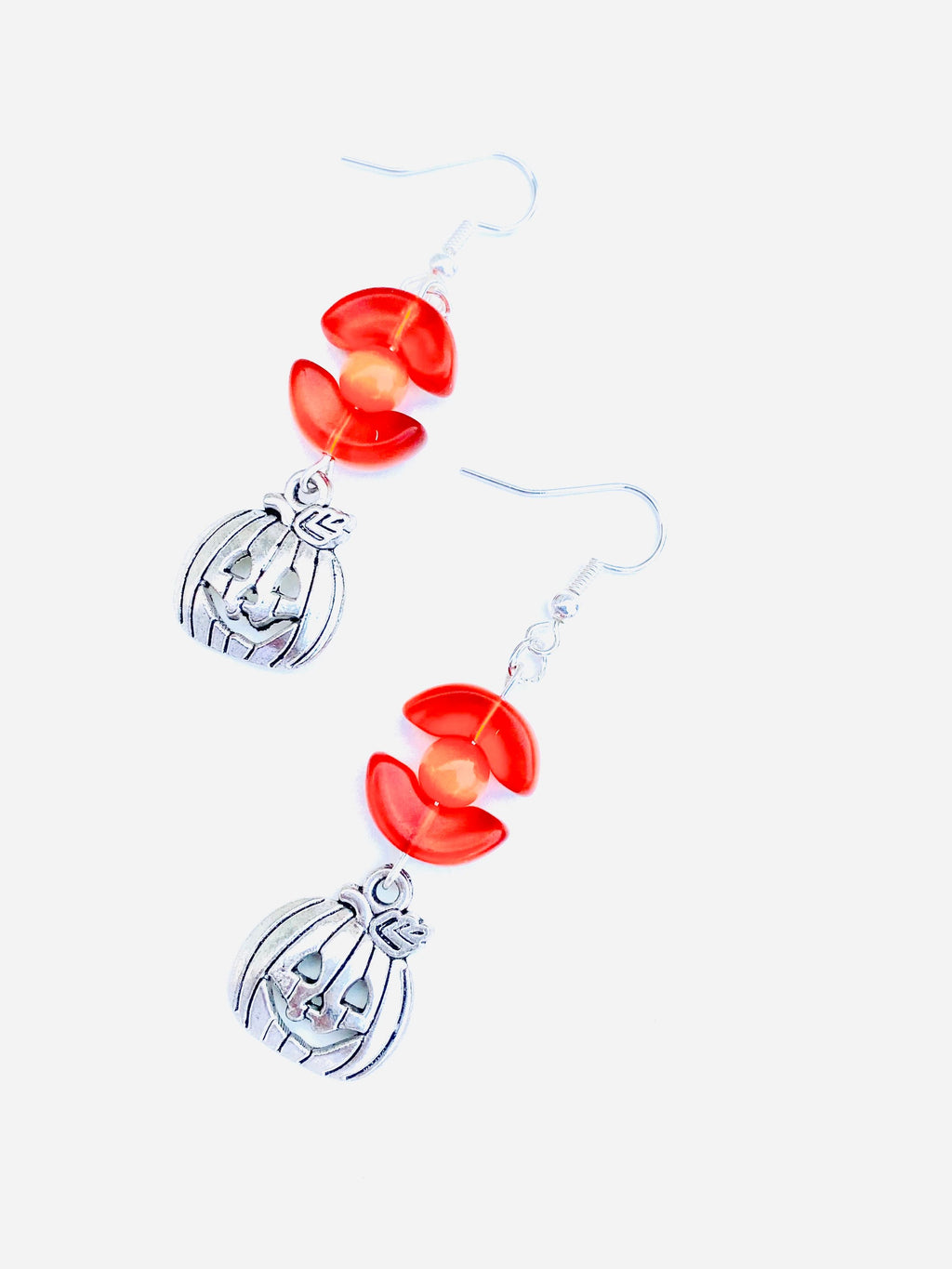 Halloween Pumpkin Earrings, Orange Beads, Silver Plated, Festive