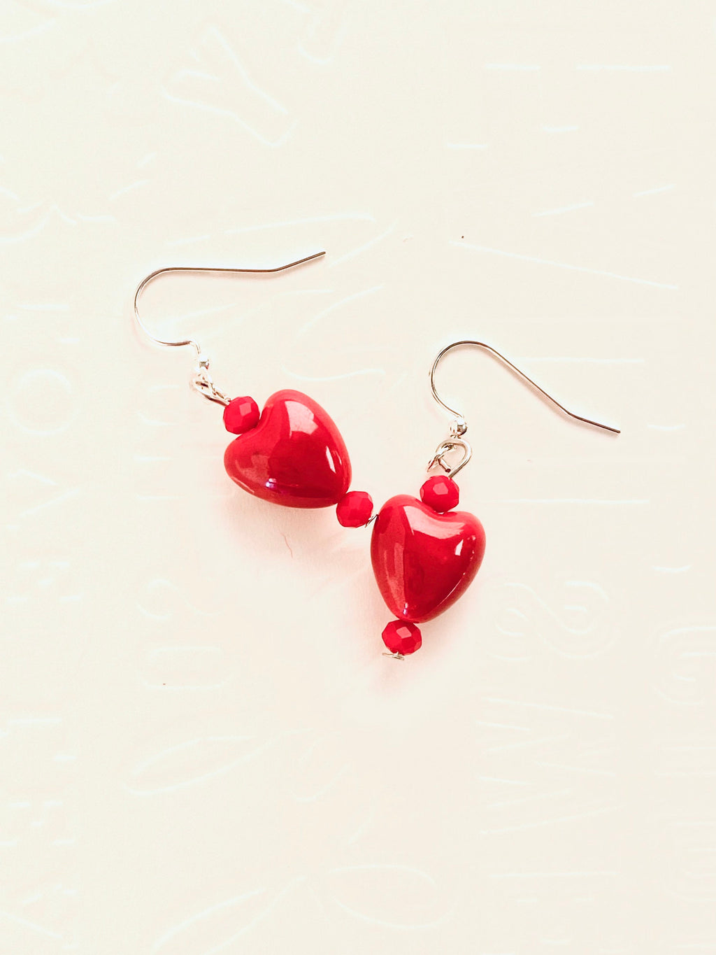 Red Glass Heart Earrings, Silver Plated Hooks, Czech Crystal Festive Jewelry